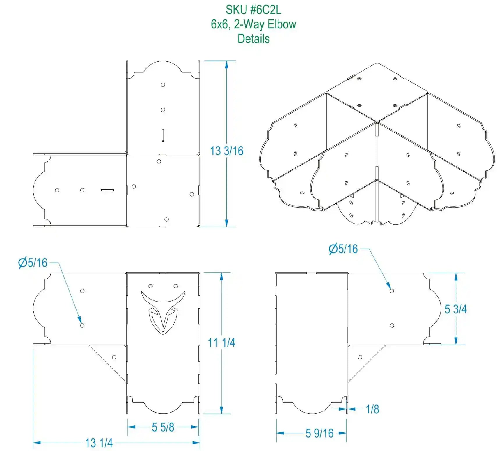 technical drawing of a 90 degree corner bracket labeled 6C2L Dimensions