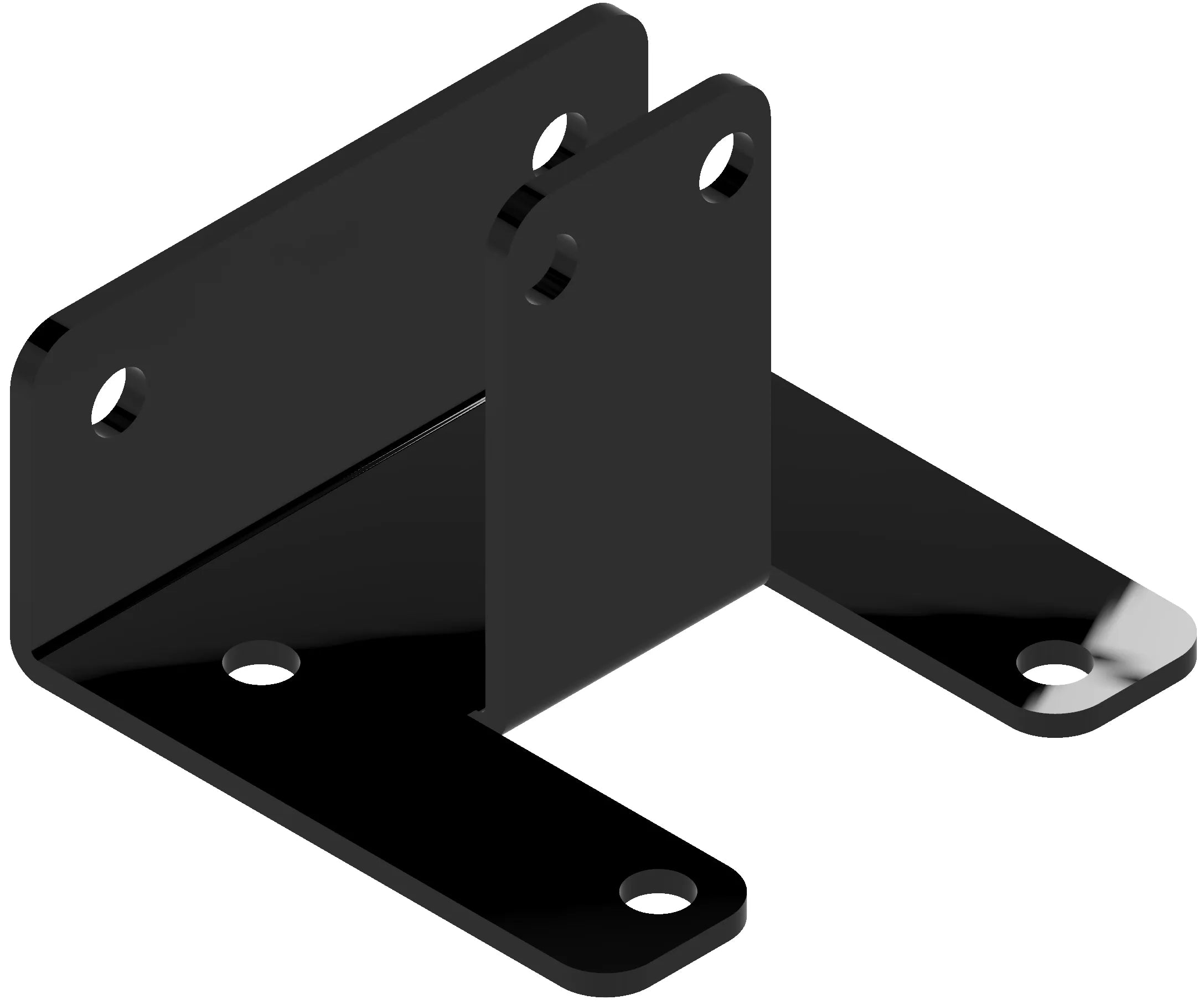 A black metal corner bracket is displayed, designed to provide support and stability in various construction applications. Ideal for DIY projects and repairs.