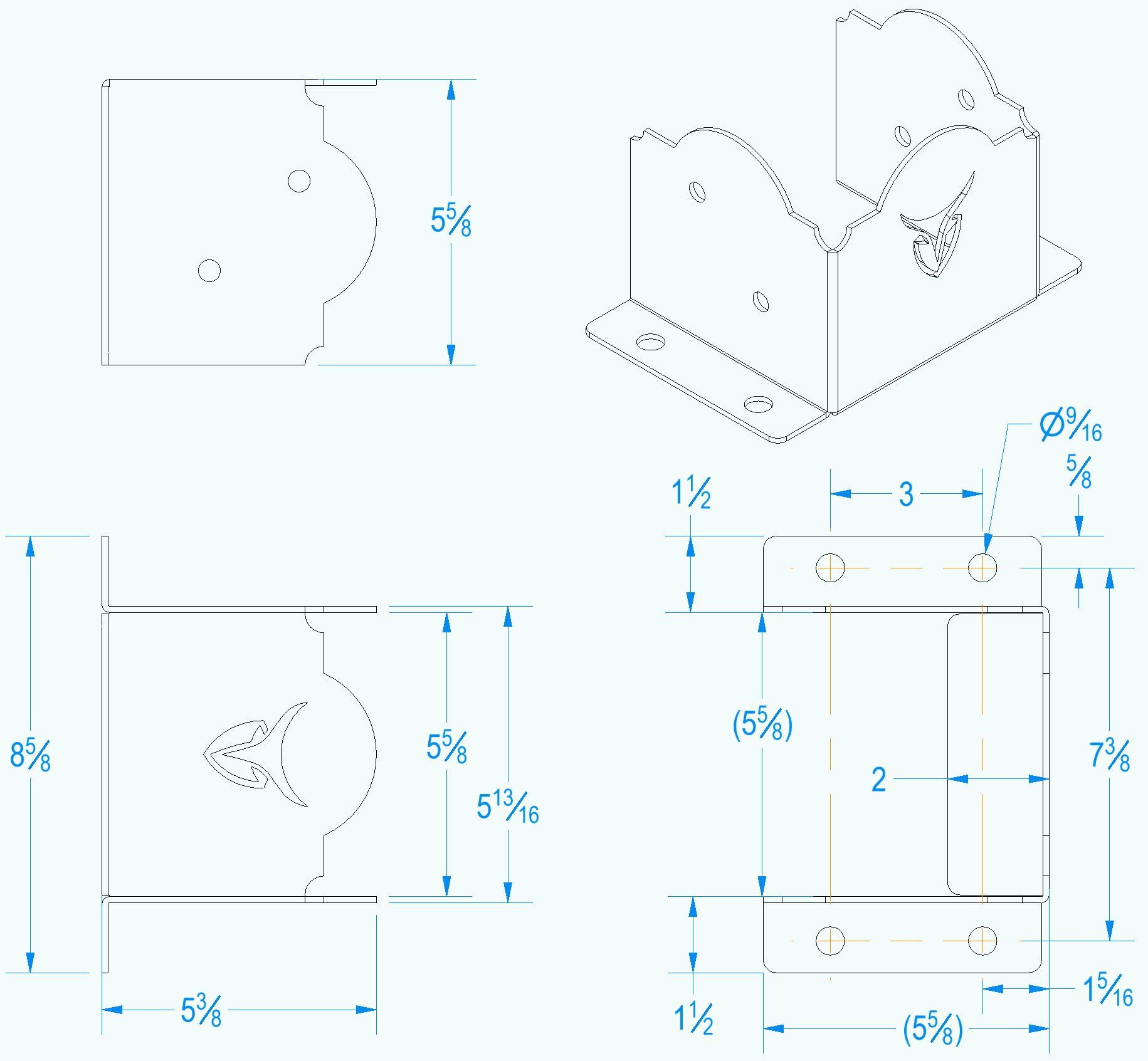 Drawing illustrating the size specifications of a wall bracket suitable for a 6x6 post anchor.