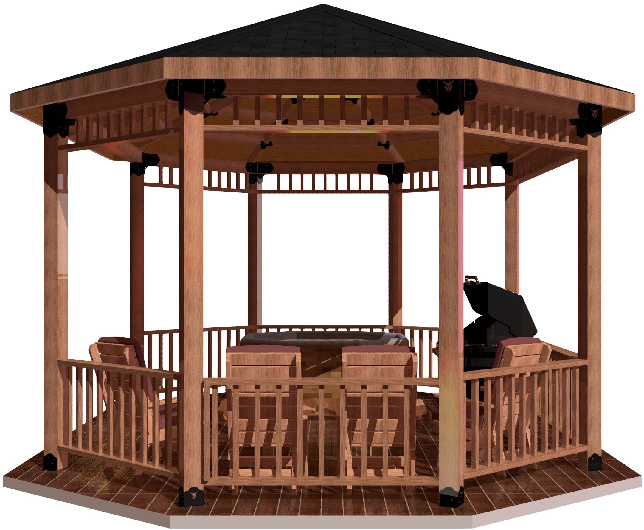 A linear octagon gazebo equipped with a grill and a table, ideal for enjoying meals in a serene outdoor setting.