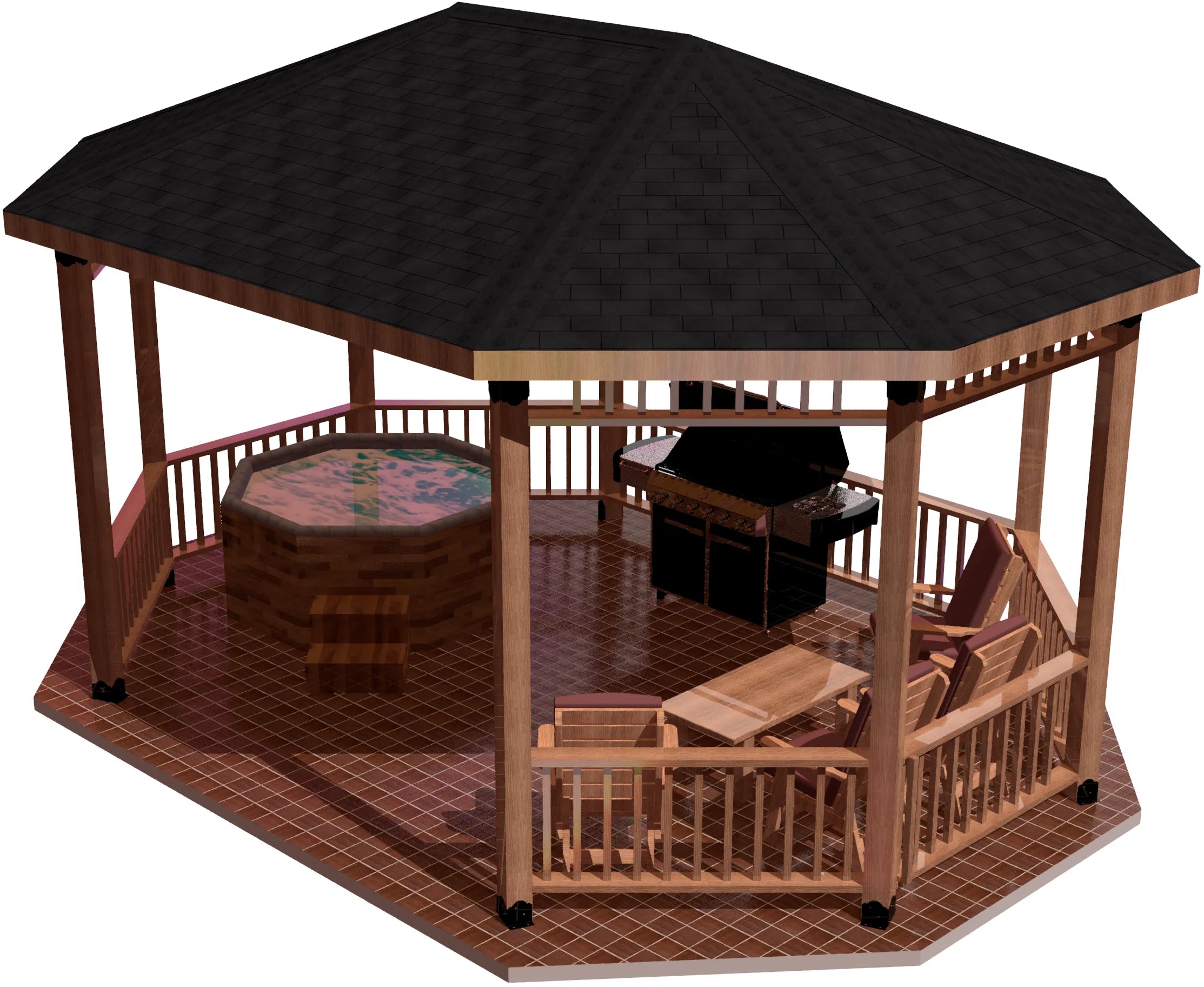 A linear octagon gazebo equipped with a grill and a table, ideal for enjoying meals in a serene outdoor setting.