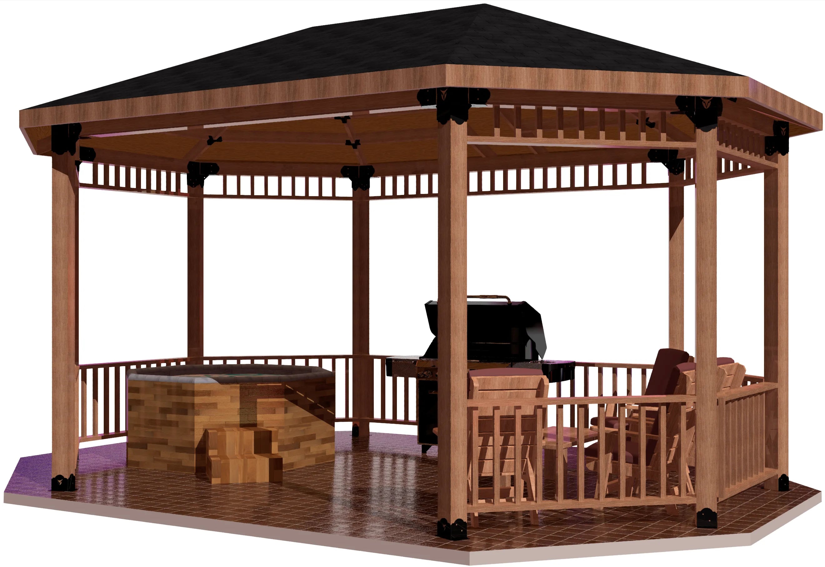 A linear octagon gazebo equipped with a grill and a table, ideal for enjoying meals in a serene outdoor setting.