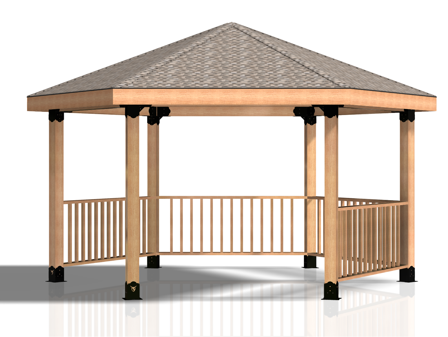 A 6x6 DIY hexagon gazebo featuring a roof and railing, crafted from wood, ideal for outdoor relaxation.