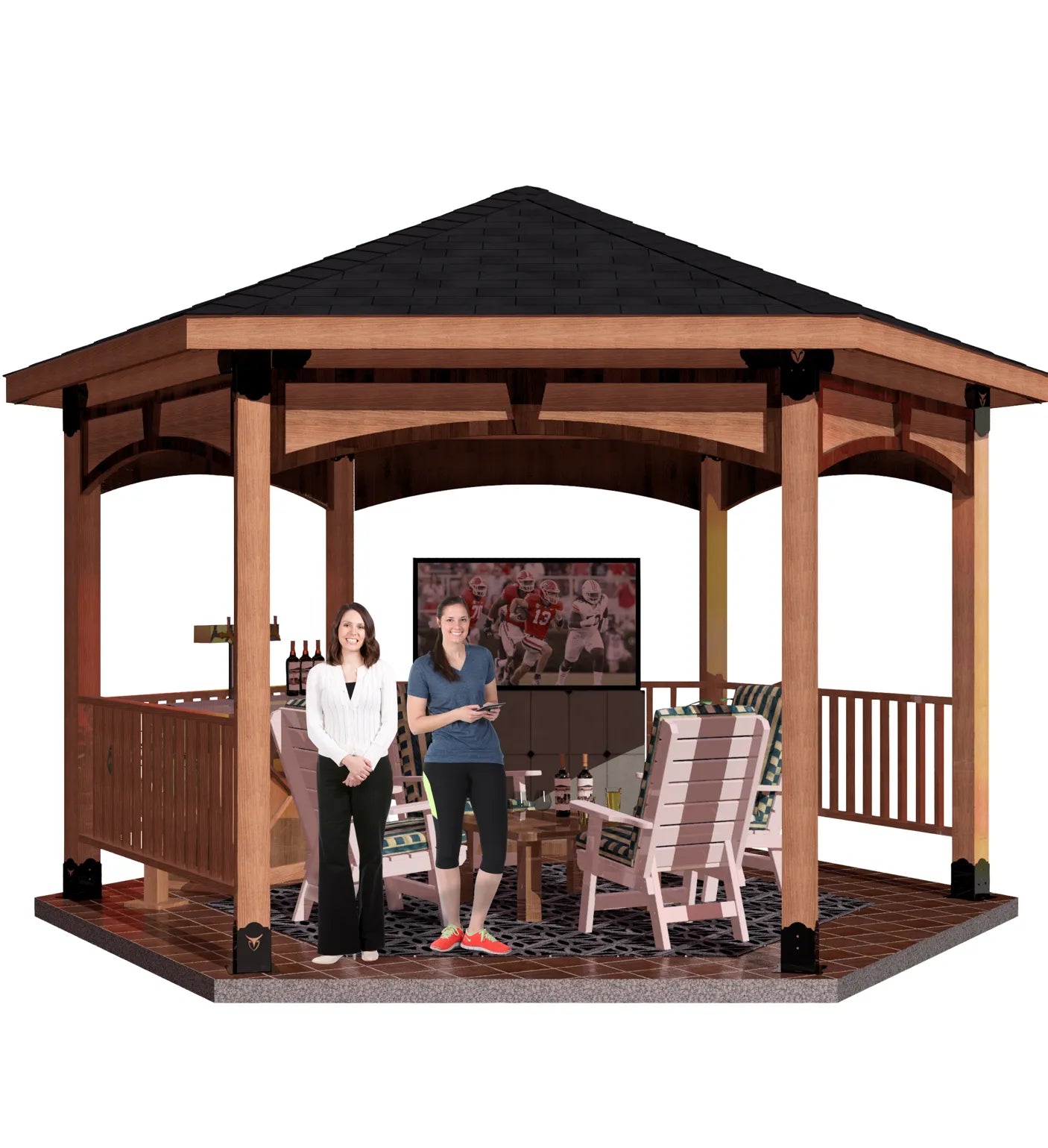 A couple stands together in front of a 6x6 surface-mounted DIY hexagon gazebo, enjoying a moment outdoors.