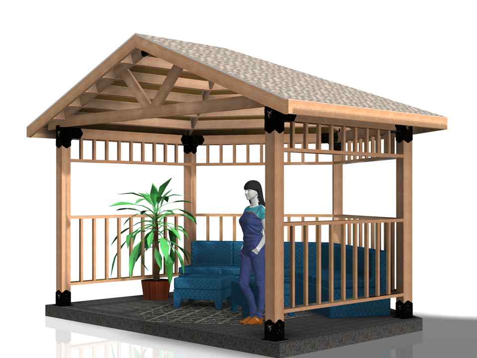 A modern wooden gazebo with an elegant sloped roof provides a cozy seating area. The gazebo is open on the sides, inviting relaxation in a sunny outdoor space.