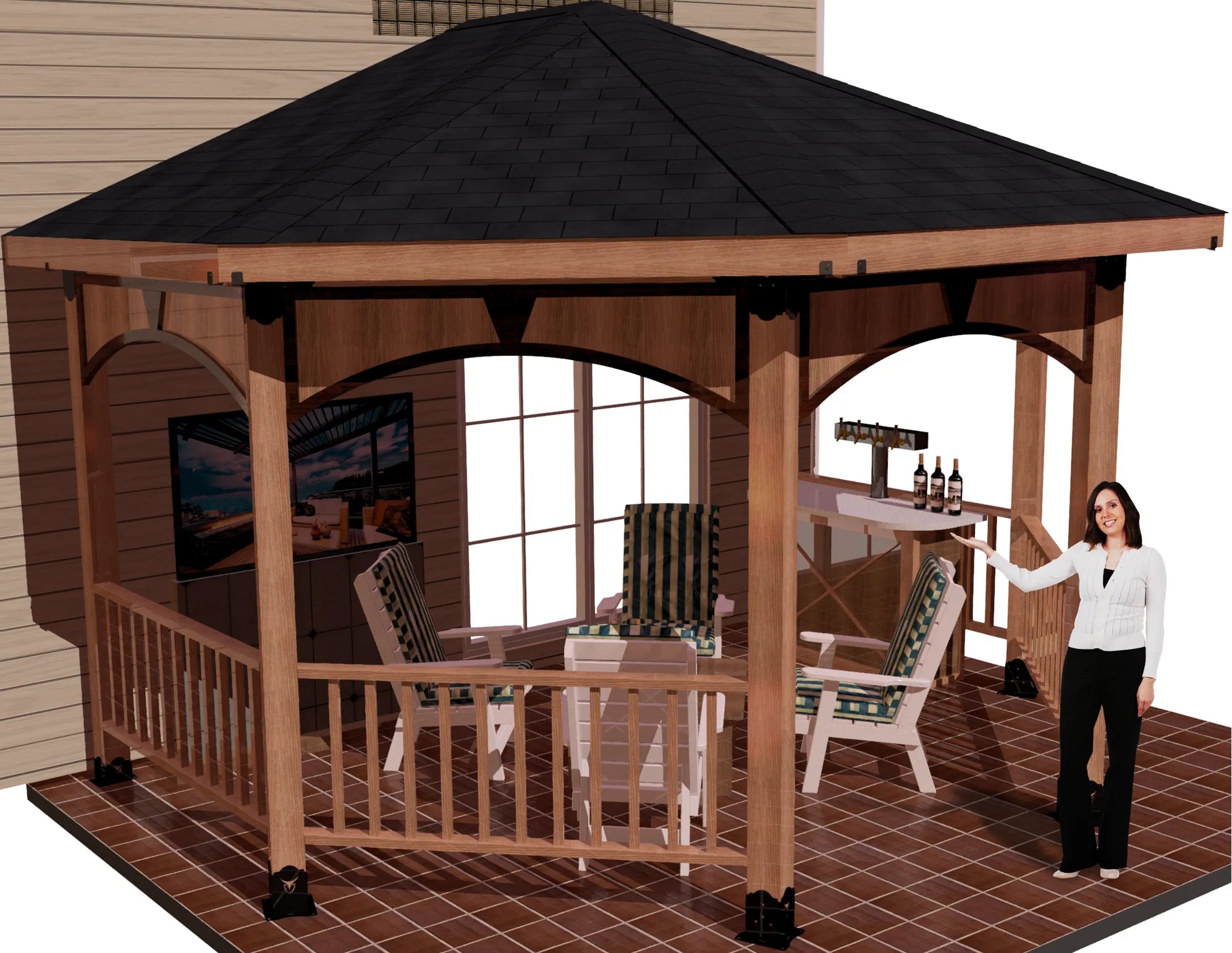 A woman stands in front of a 6x6 partial octagon gazebo, showcasing a charming outdoor setting.