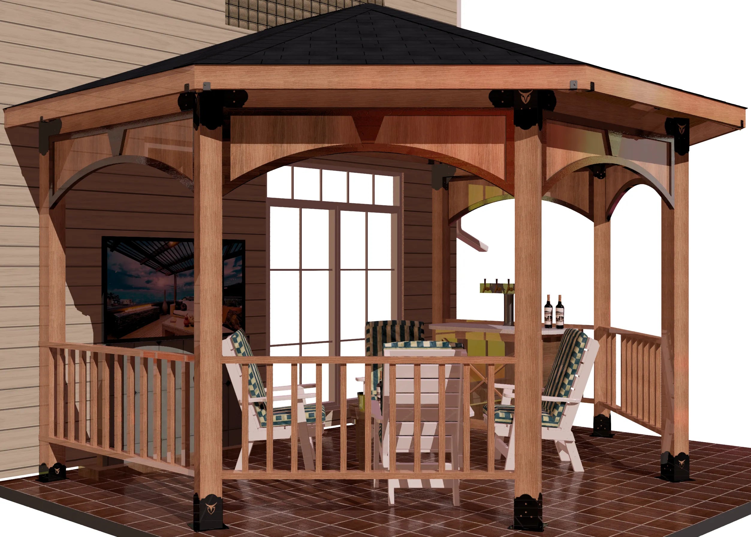 A 6x6 partial octagon gazebo with a table and chairs, providing a cozy space for outdoor gatherings.