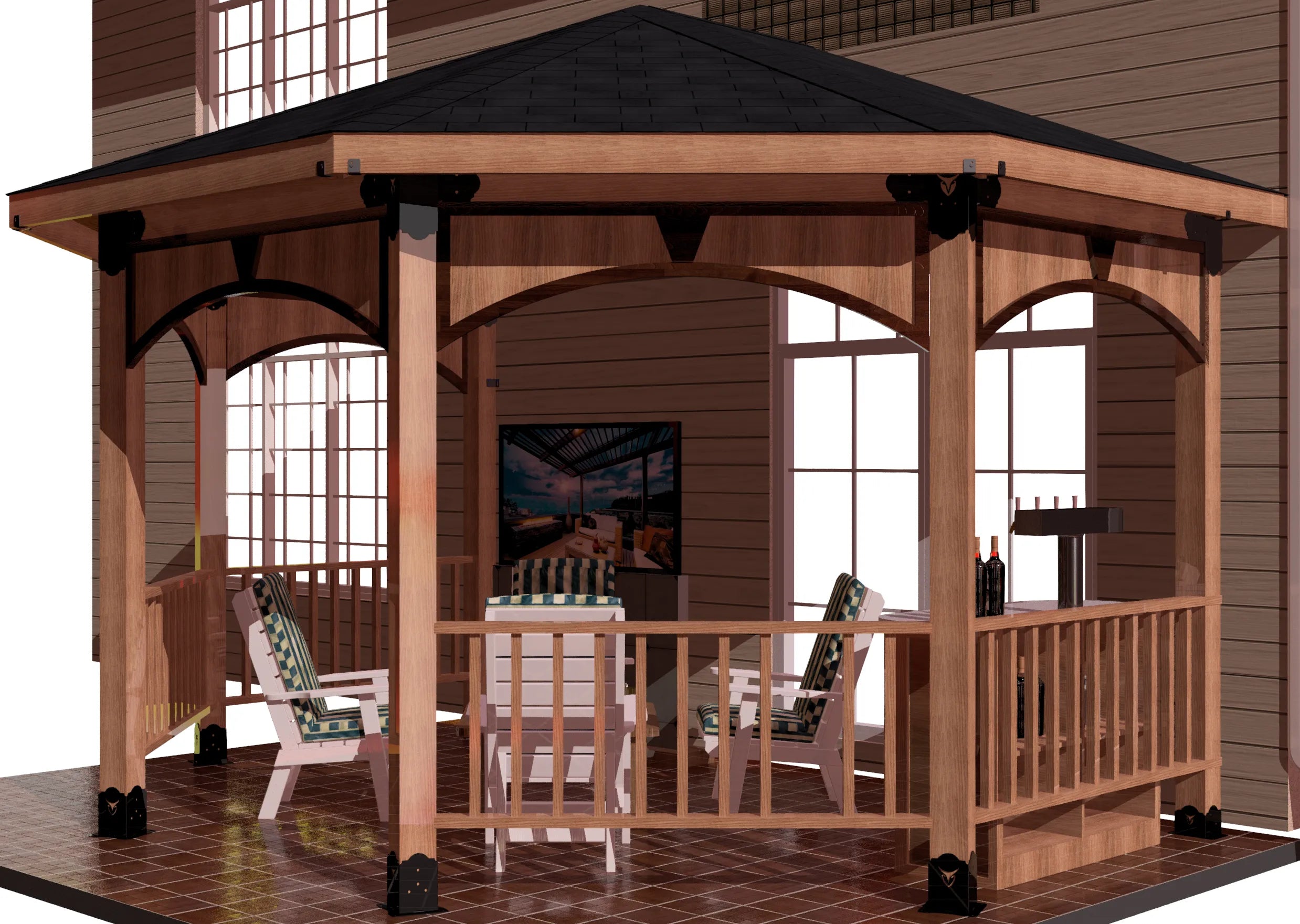 A 6x6 partial octagon gazebo with a table and chairs, providing a cozy space for outdoor gatherings.