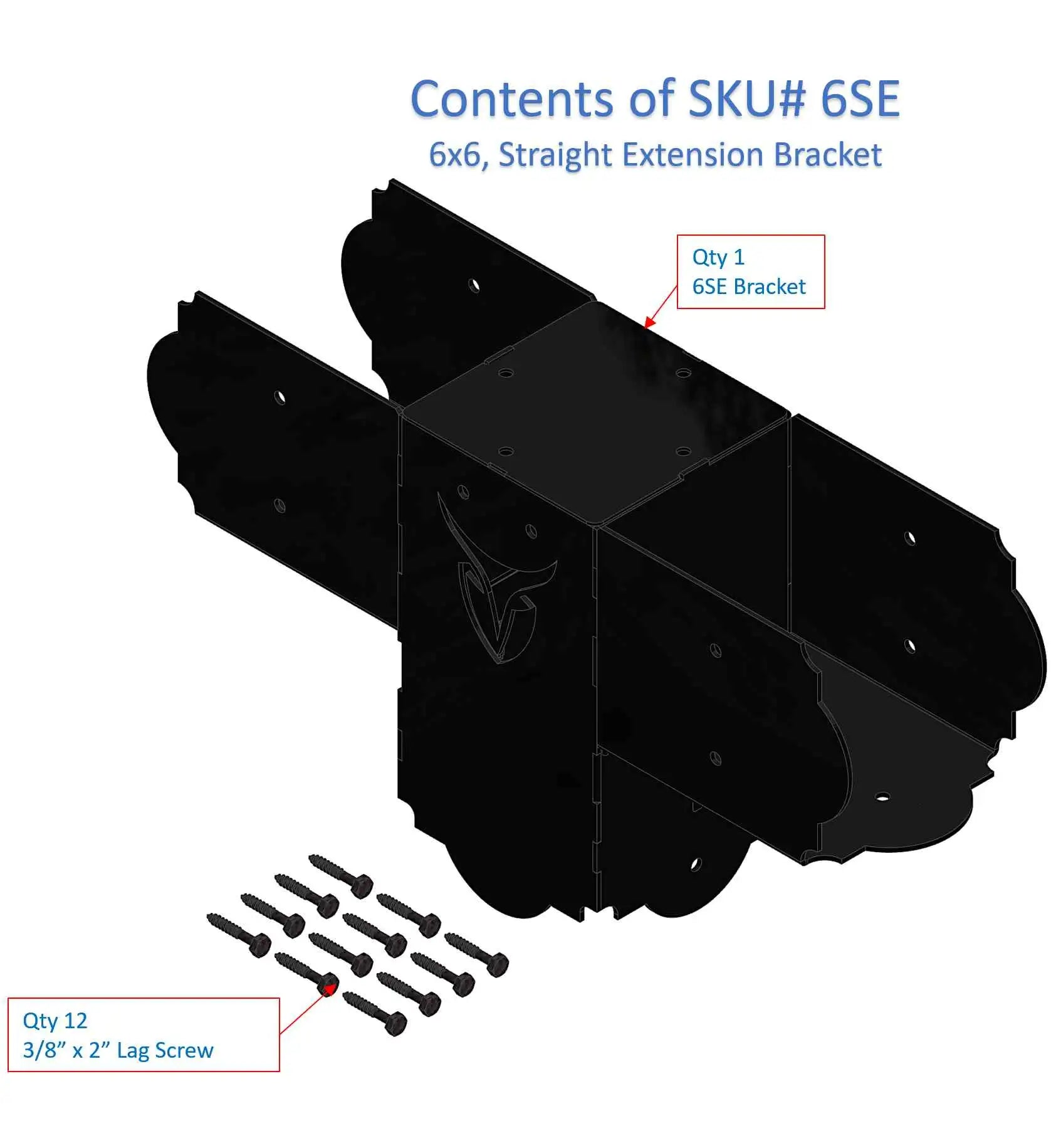 This detailed layout illustrates the components required for assembling a straight extension bracket for 6x6 structures, including a bracket and screws.