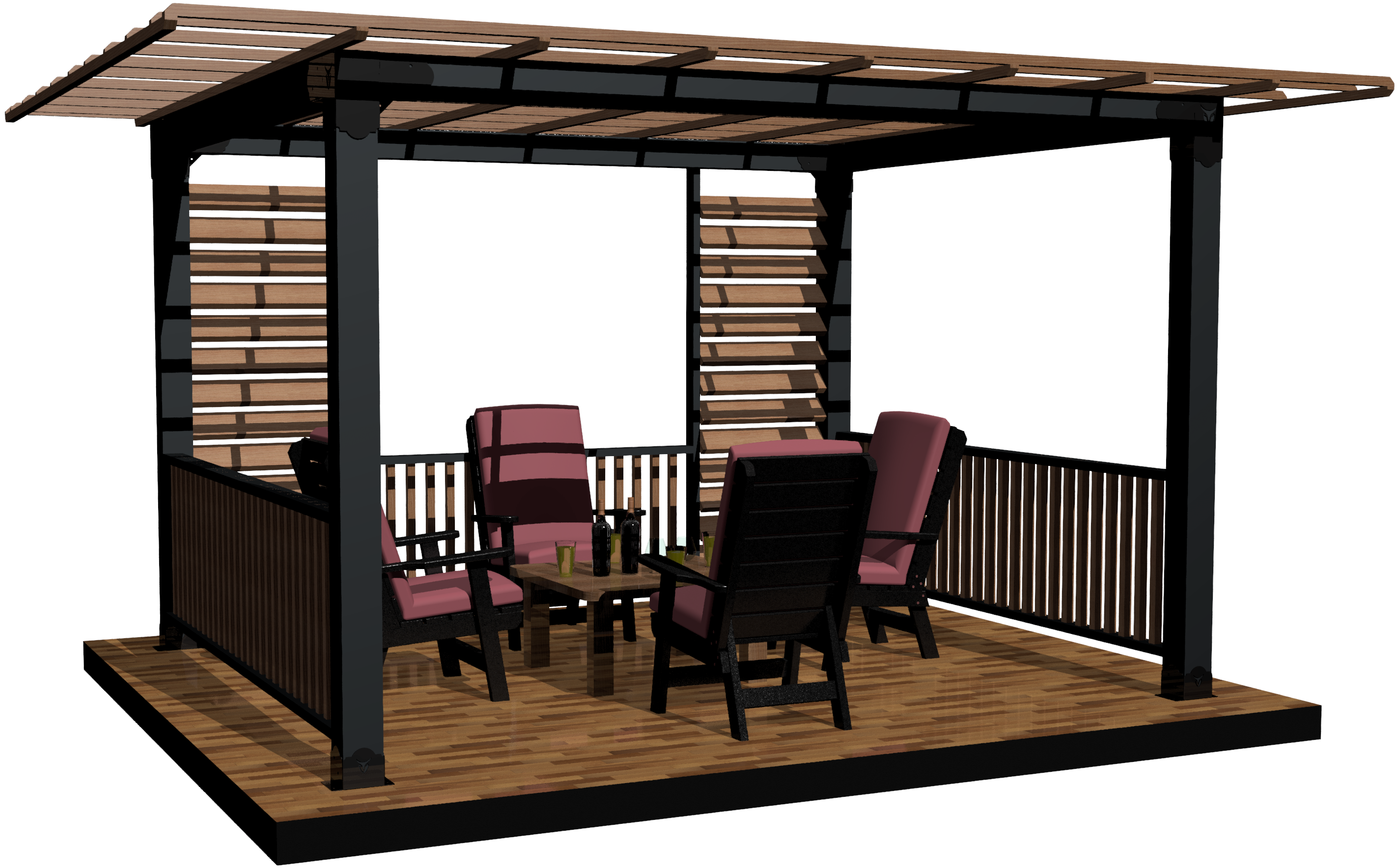 A modern sophisticated outdoor wood pergola with modern seating arrangement for formal gatherings.