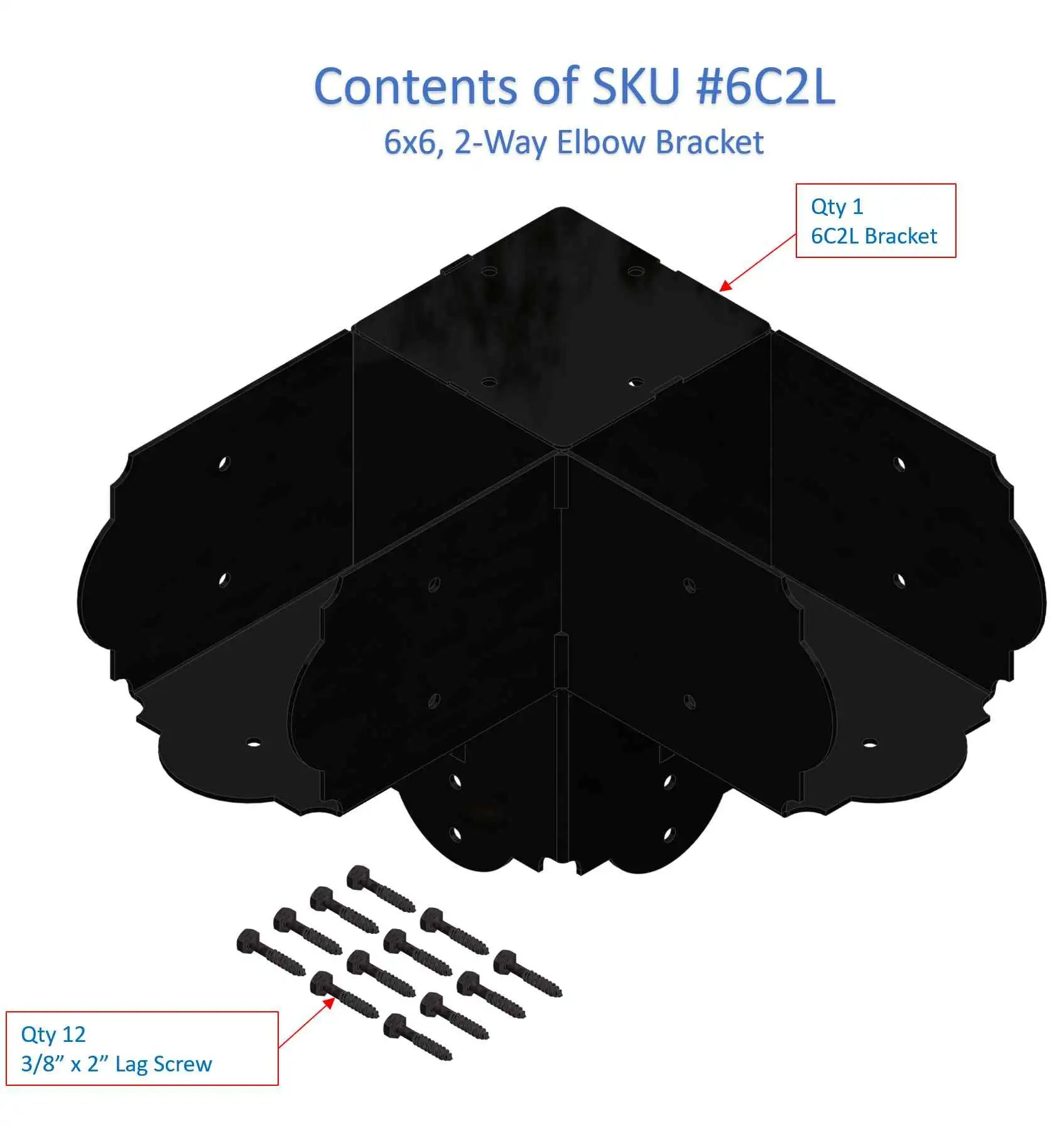 Contents of SKU #6C2L showing a 90 degree metal corner bracket and lag screws