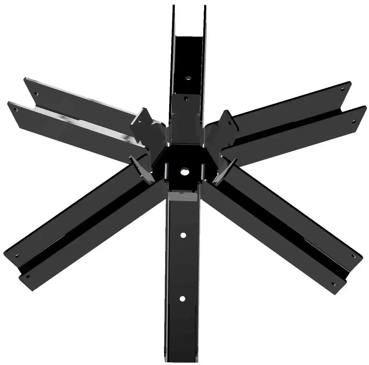 The black metal structure features six elongated sections radiating outward from a central hub, suitable for assembly or construction tasks. Ideal for various projects requiring sturdy support.