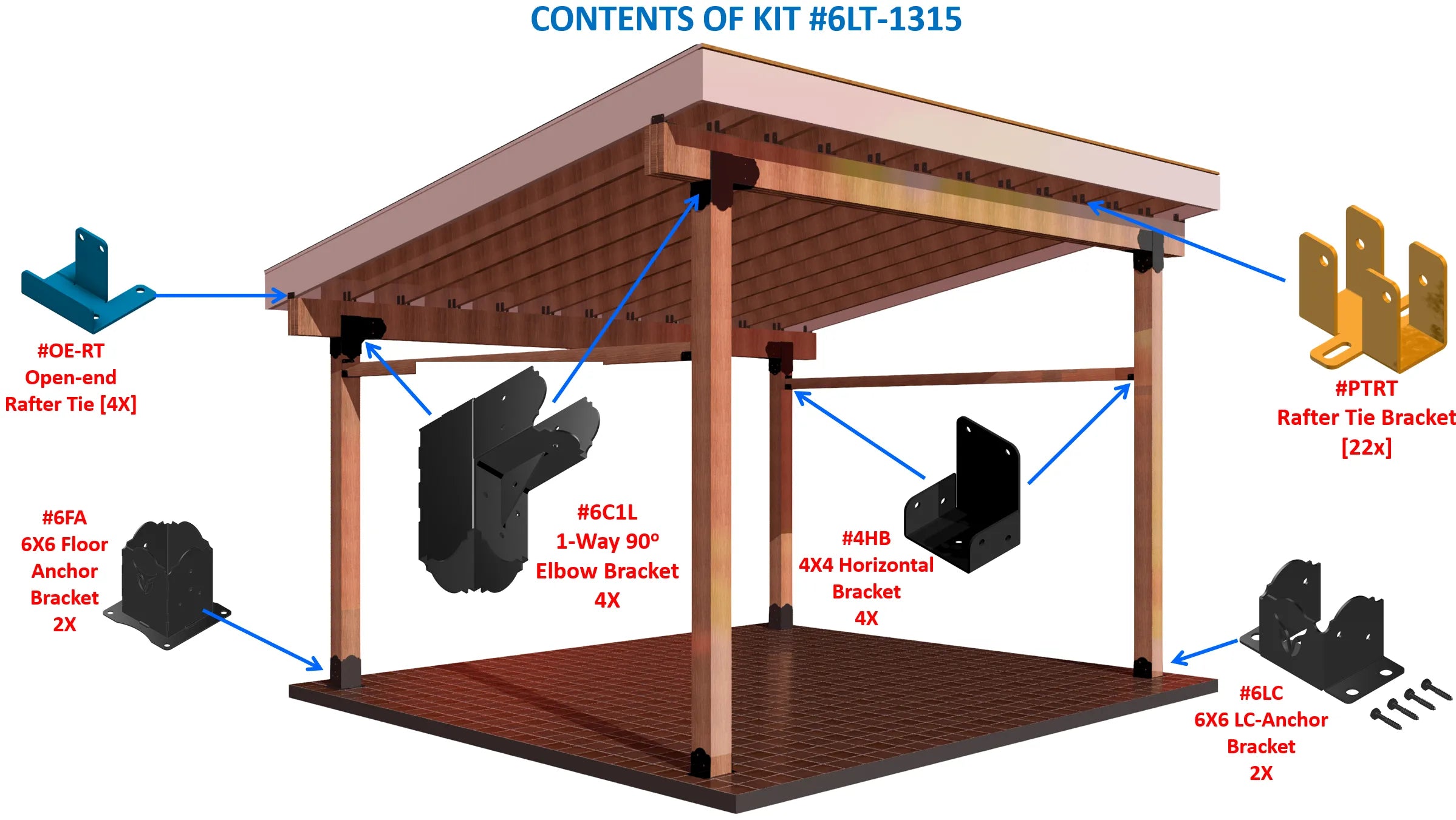 The structure features a wooden pergola with clear labeling for brackets and assembly parts, demonstrating how to build an outdoor retreat