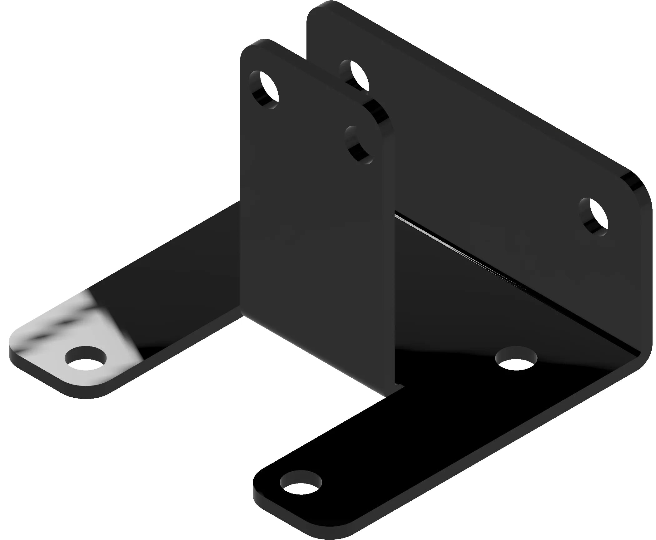 A black metal corner bracket is displayed, designed to provide support and stability in various construction applications. Ideal for DIY projects and repairs.