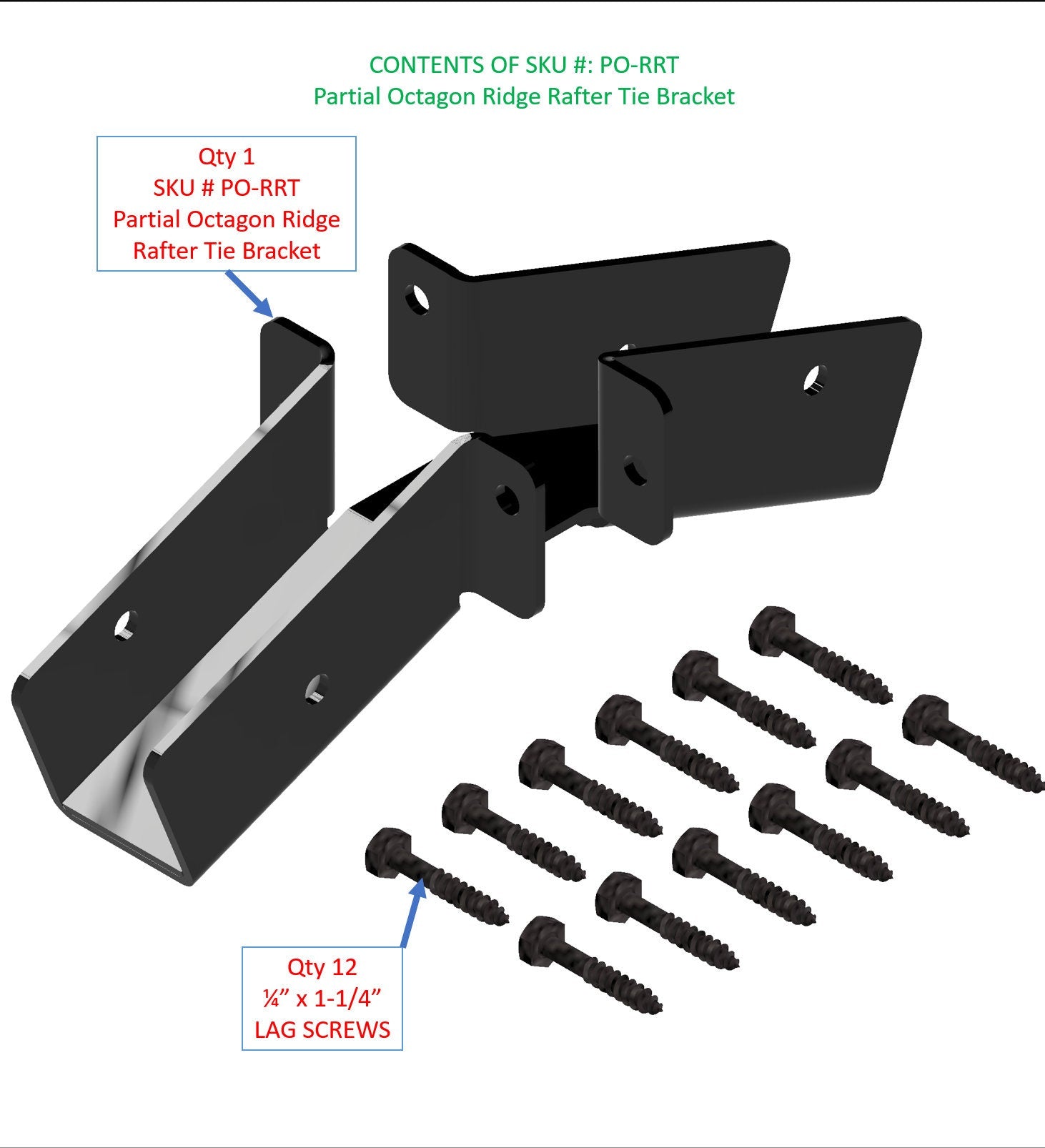 The image shows a partial octagon ridge rafter tie bracket along with a set of lag screws, essential for enhancing the structural integrity of roofs in construction.