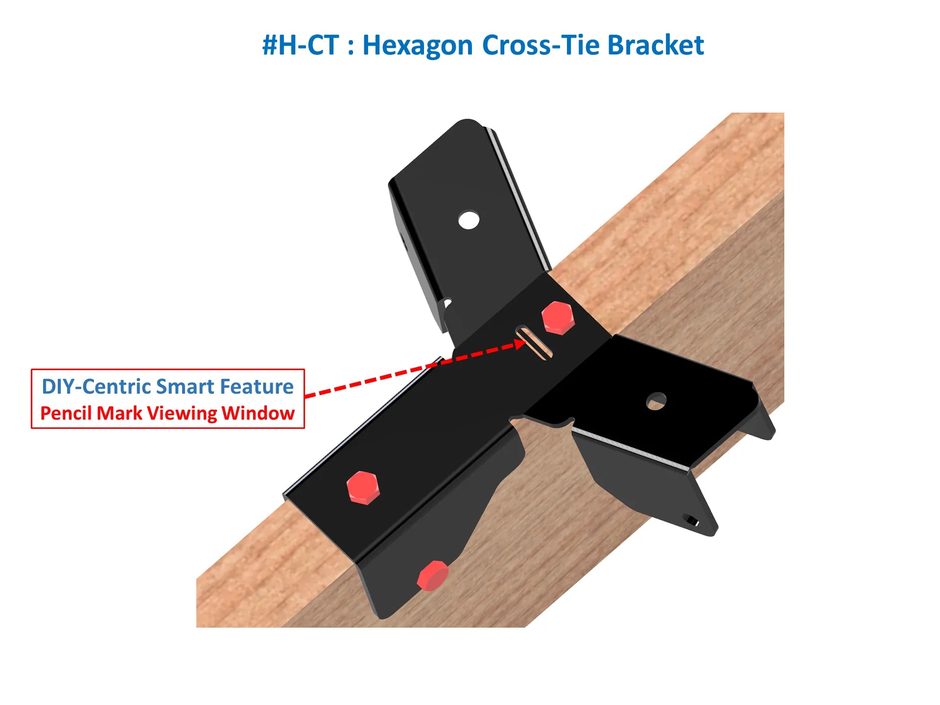 An hexagon cross-tie bracket is attached to a wooden structure, showcasing a pencil mark viewing window that aids in precise alignment during installation.