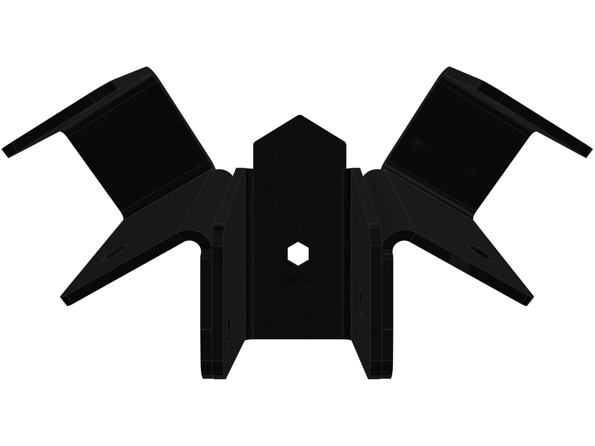 This black metal bracket features a unique design for stable attachment, commonly used in construction projects for holding equipment securely in place