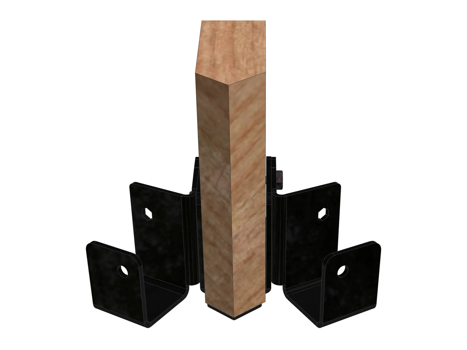 a metallic bracket is securely fastened to a wooden beam, providing sturdy support in a construction workshop environment, demonstrating functional design.