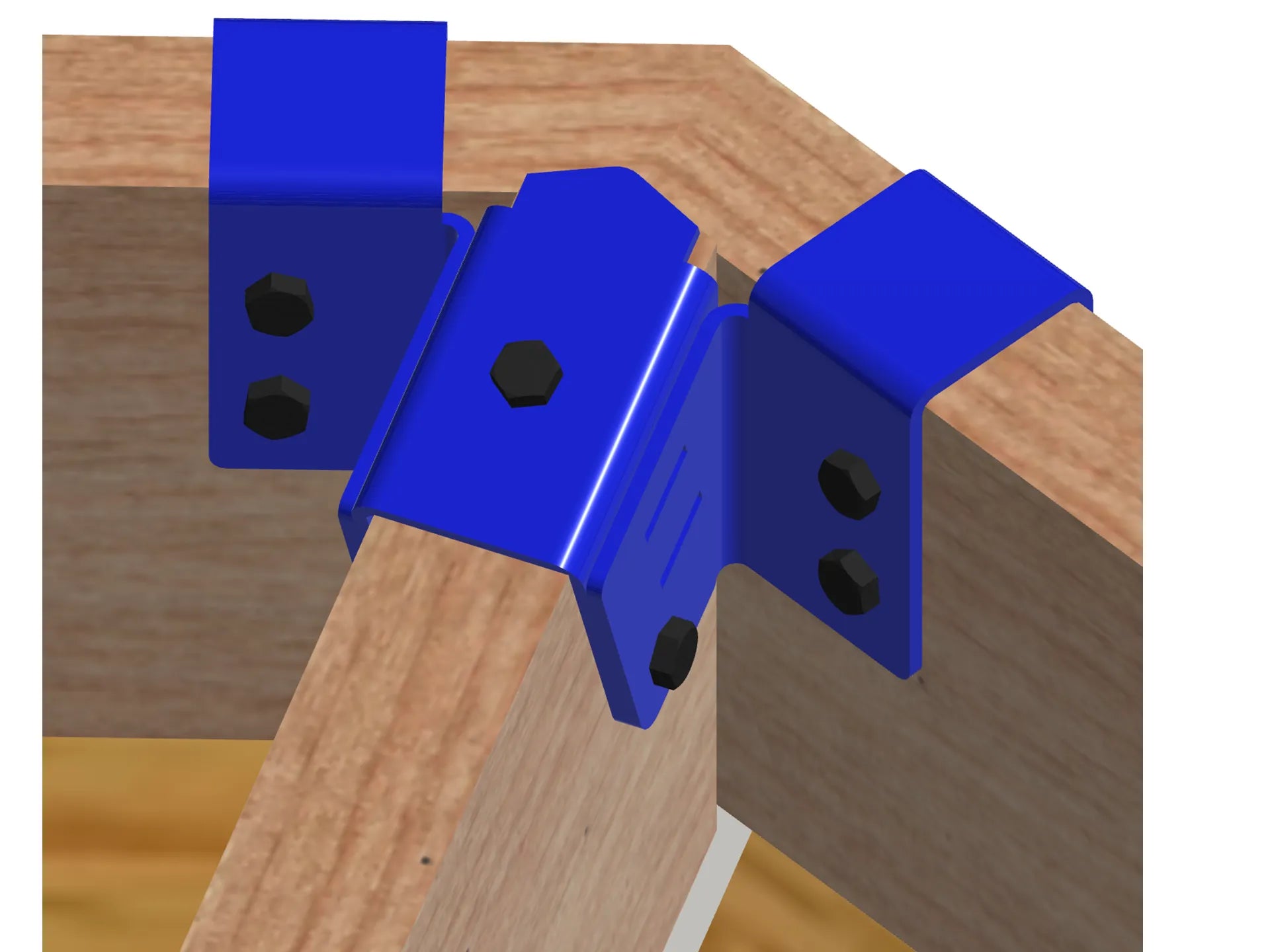 A close-up shows a rafter tie bracket securely fastening two wooden panels together. The bracket features six black screws, ensuring robust support in the construction process.