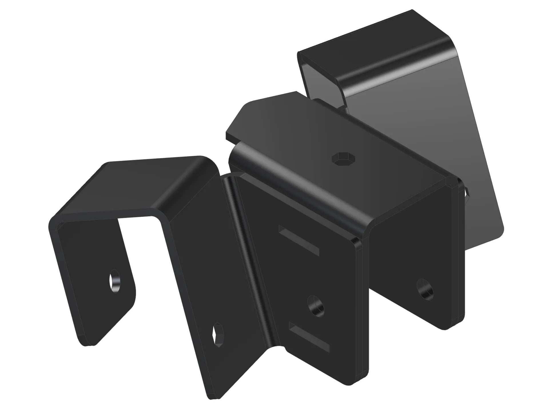 This black metal bracket features a unique design for stable attachment, commonly used in construction projects for holding equipment securely in place.