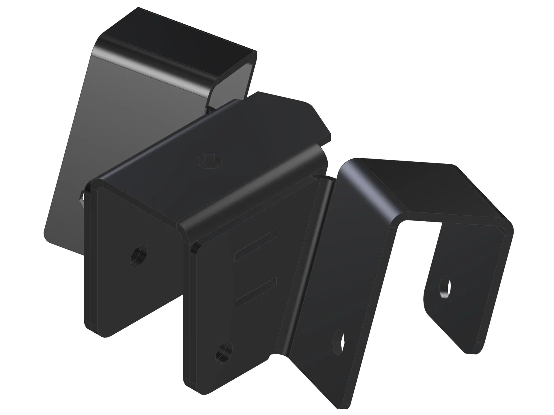 This black metal bracket features a unique design for stable attachment, commonly used in construction projects for holding equipment securely in place.