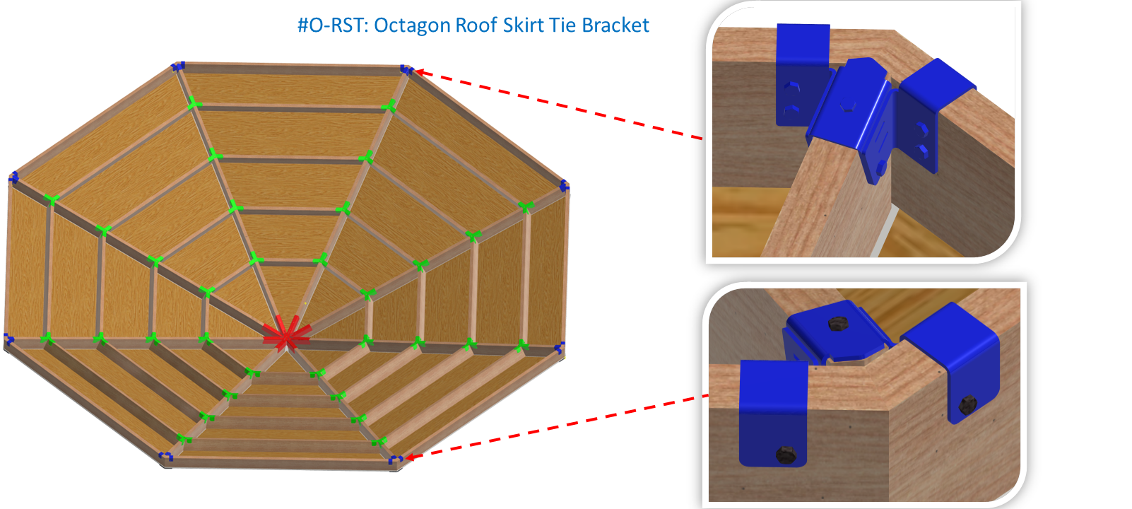 The illustration presents a detailed design of an octagon roof skirt tie bracket, including assembly instructions and connection points for construction.