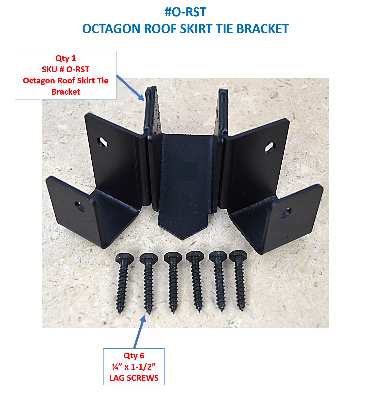 This bracket set features an octagon roof skirt tie bracket designed for robust roofing support. It comes with six lag screws, ideal for ensuring stability in construction.