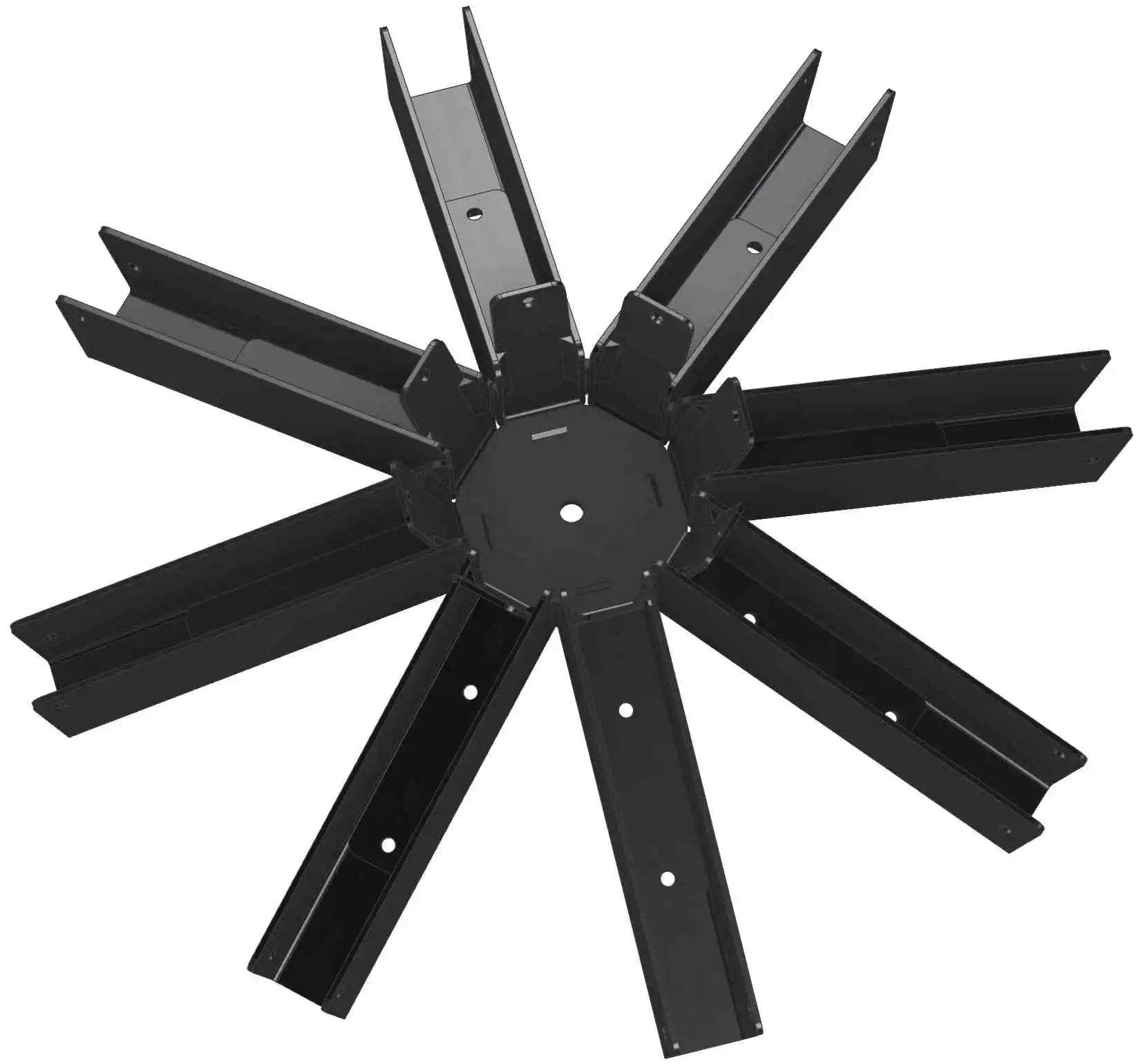 The black metal structure features eight elongated sections radiating outward from a central hub, suitable for assembly or construction tasks. Ideal for various projects requiring sturdy support.