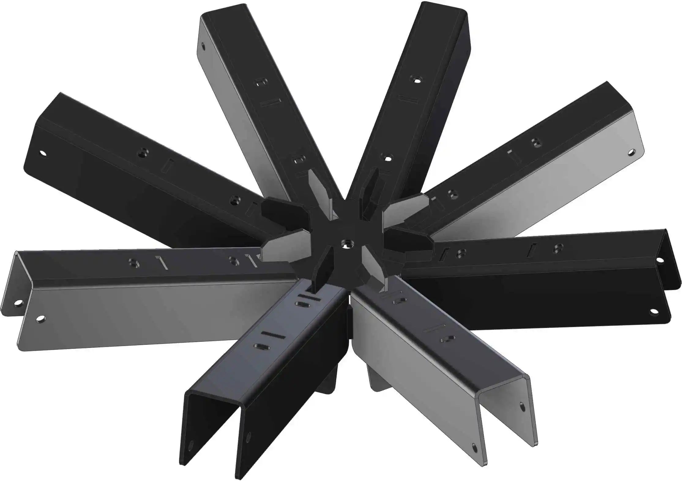 The black metal structure features eight elongated sections radiating outward from a central hub, suitable for assembly or construction tasks. Ideal for various projects requiring sturdy support.