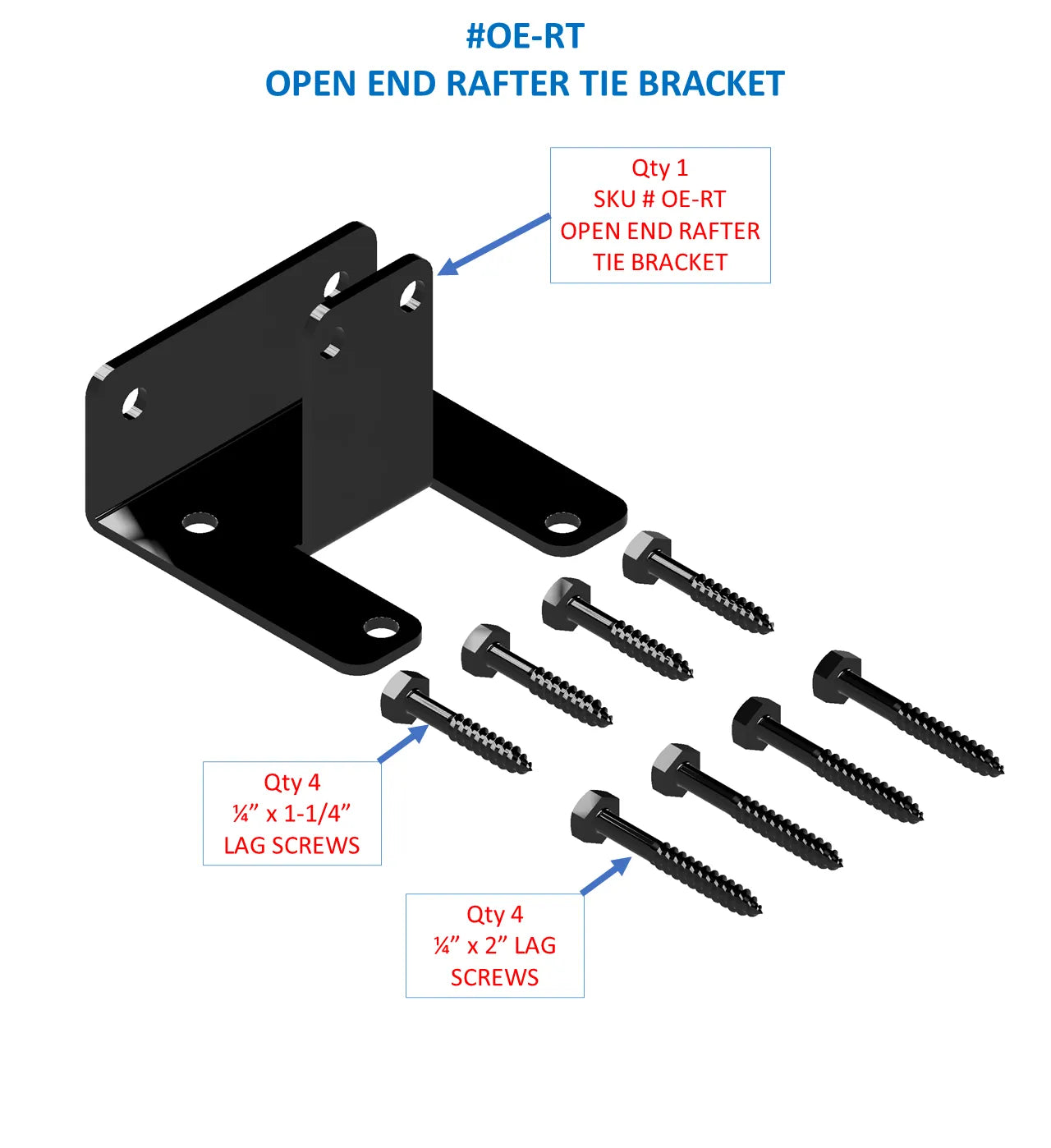 This illustration displays an open end rafter tie bracket along with its corresponding lag screws, intended for secure construction and woodworking use.