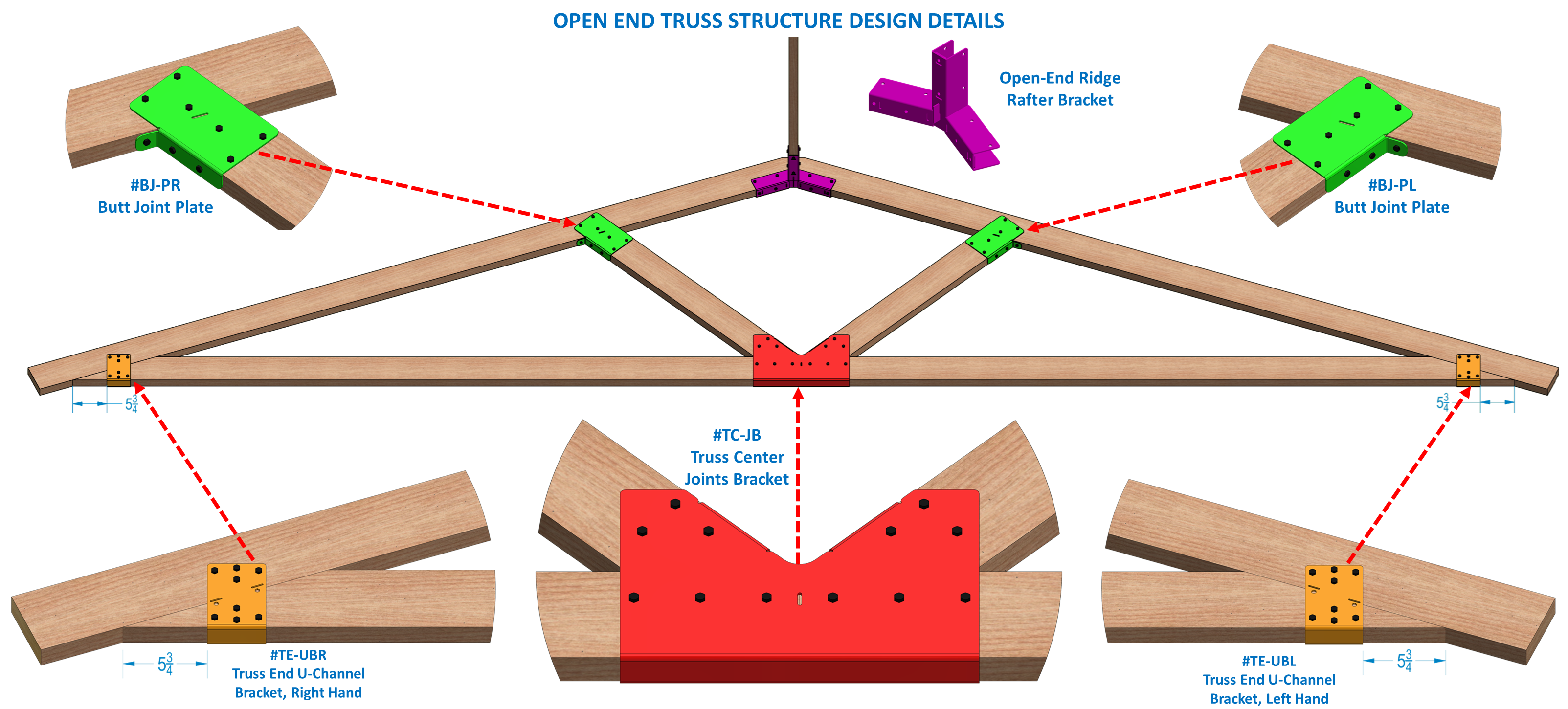 This illustration presents a truss design composed of wooden beams and joints, highlighting the connection points with vibrant colors for clarity. It focuses on construction techniques.