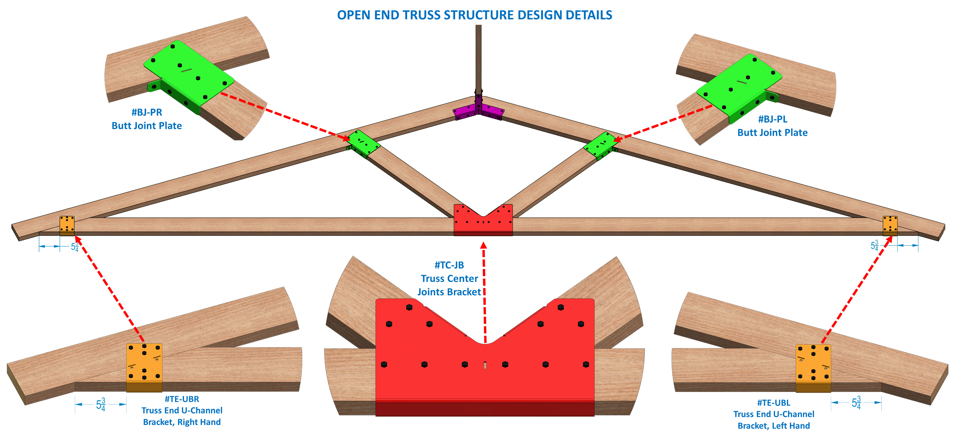 This illustration presents a truss design composed of wooden beams and joints, highlighting the connection points with vibrant colors for clarity. It focuses on construction techniques.