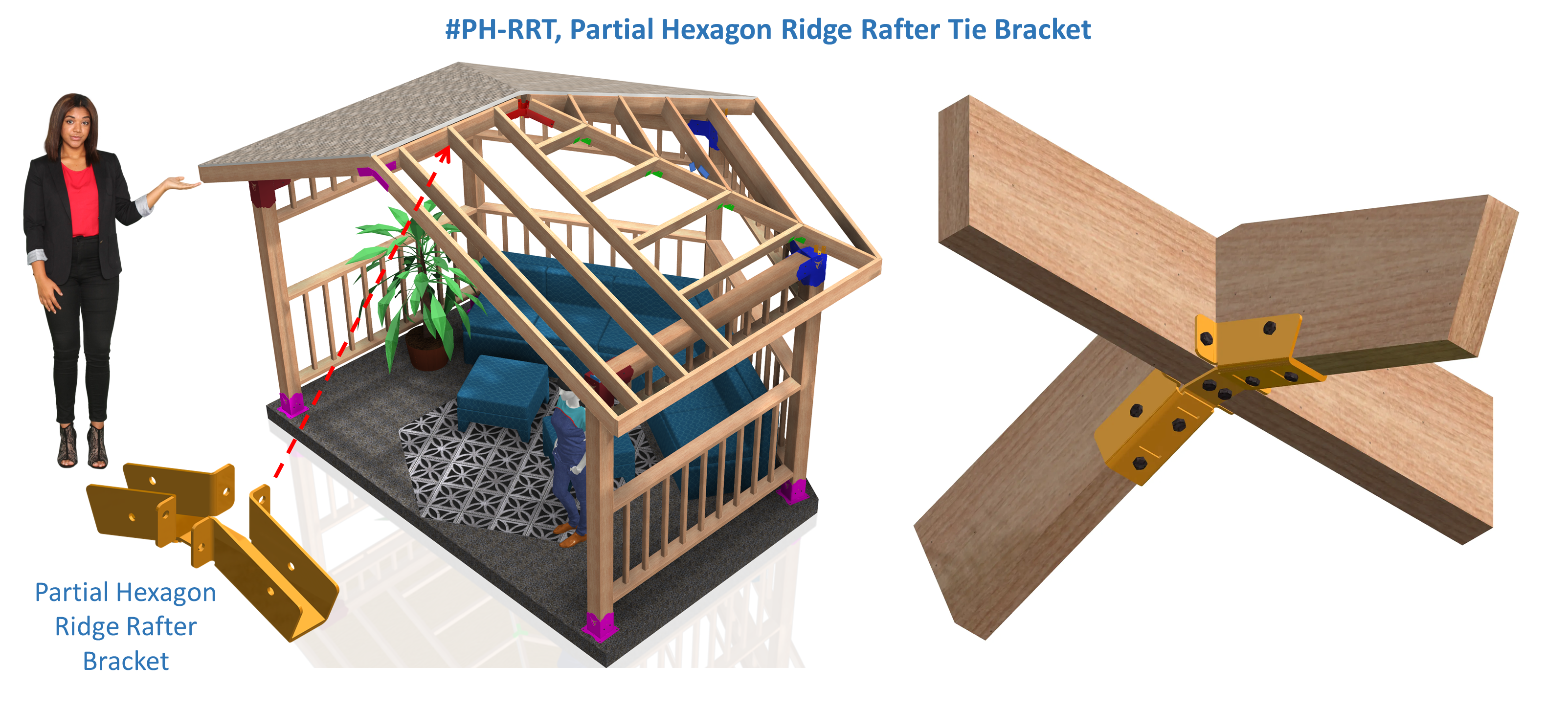 A person points to a model demonstrating the use of a partial hexagon ridge rafter tie bracket, showcasing its design and assembly within a structural framework.