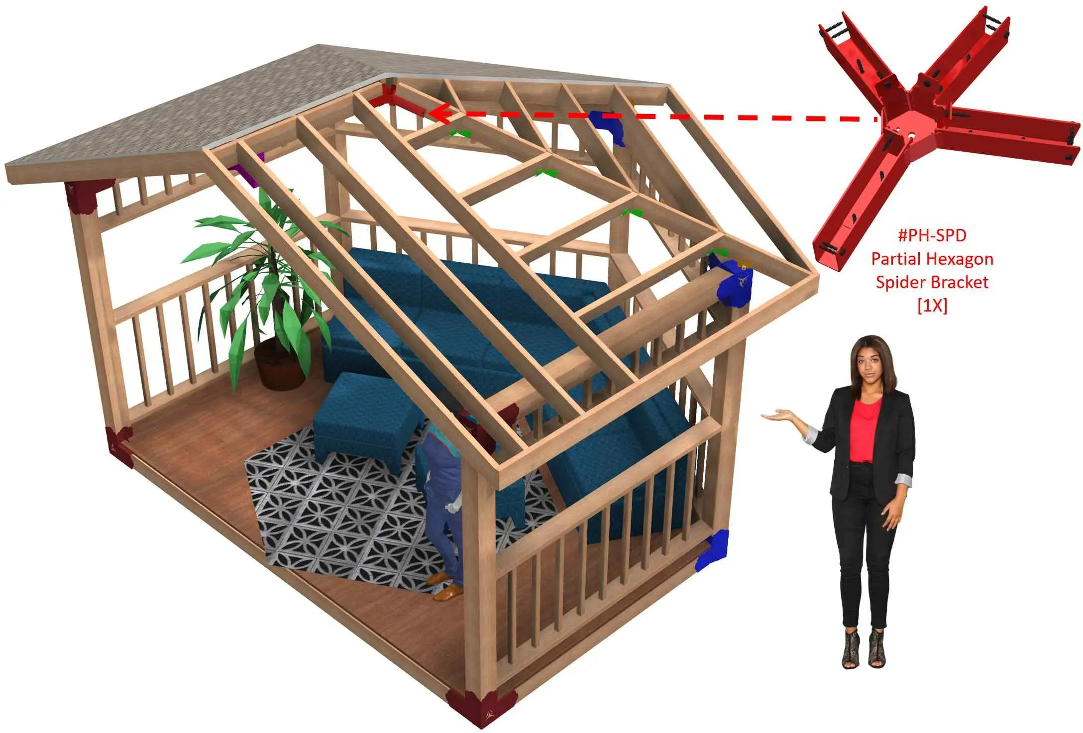 The assembly guide illustrates a hexagonal gazebo frame with labeled components, showcasing the use of a spider bracket and spatial arrangement in an outdoor environment.