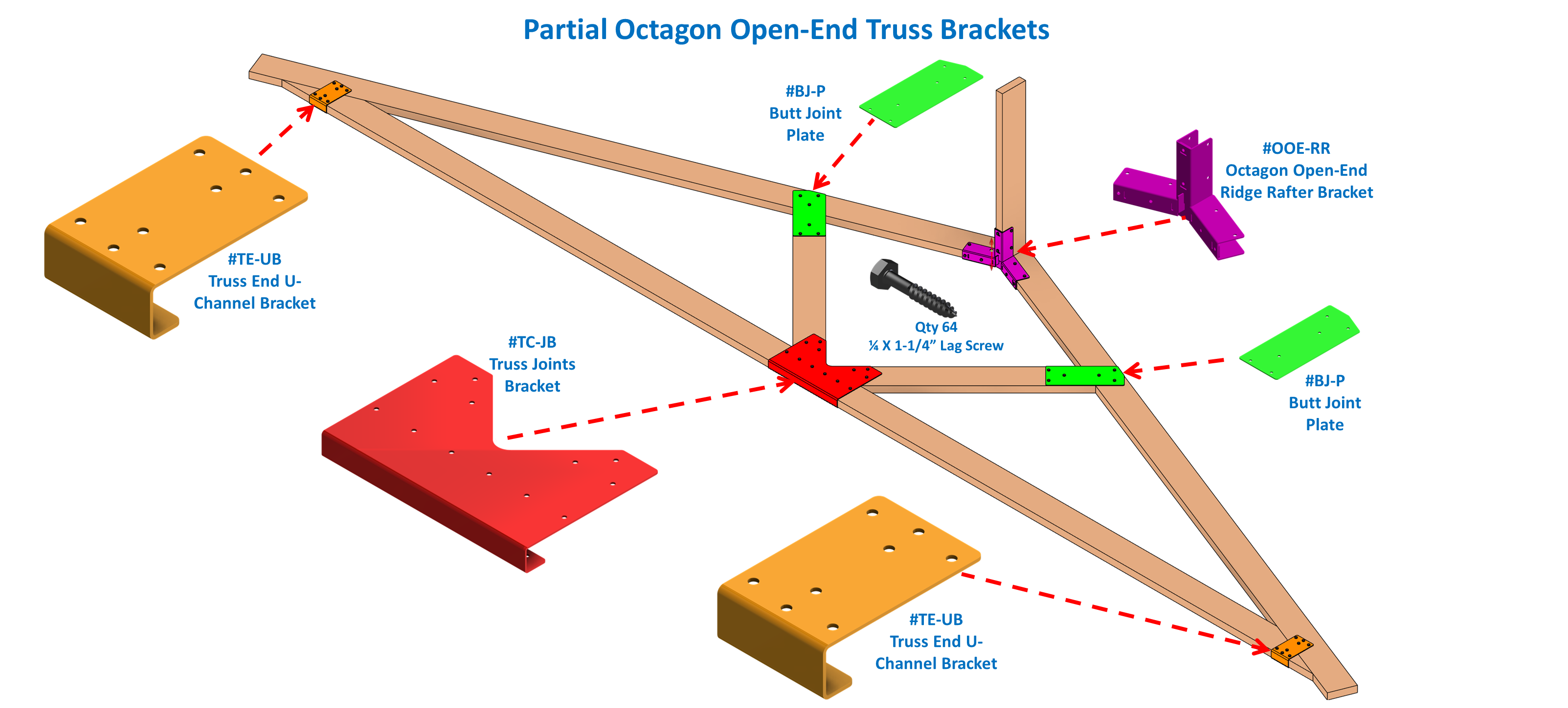 This illustration presents a truss design composed of wooden beams and joints, highlighting the connection points with vibrant colors for clarity. It focuses on construction techniques.