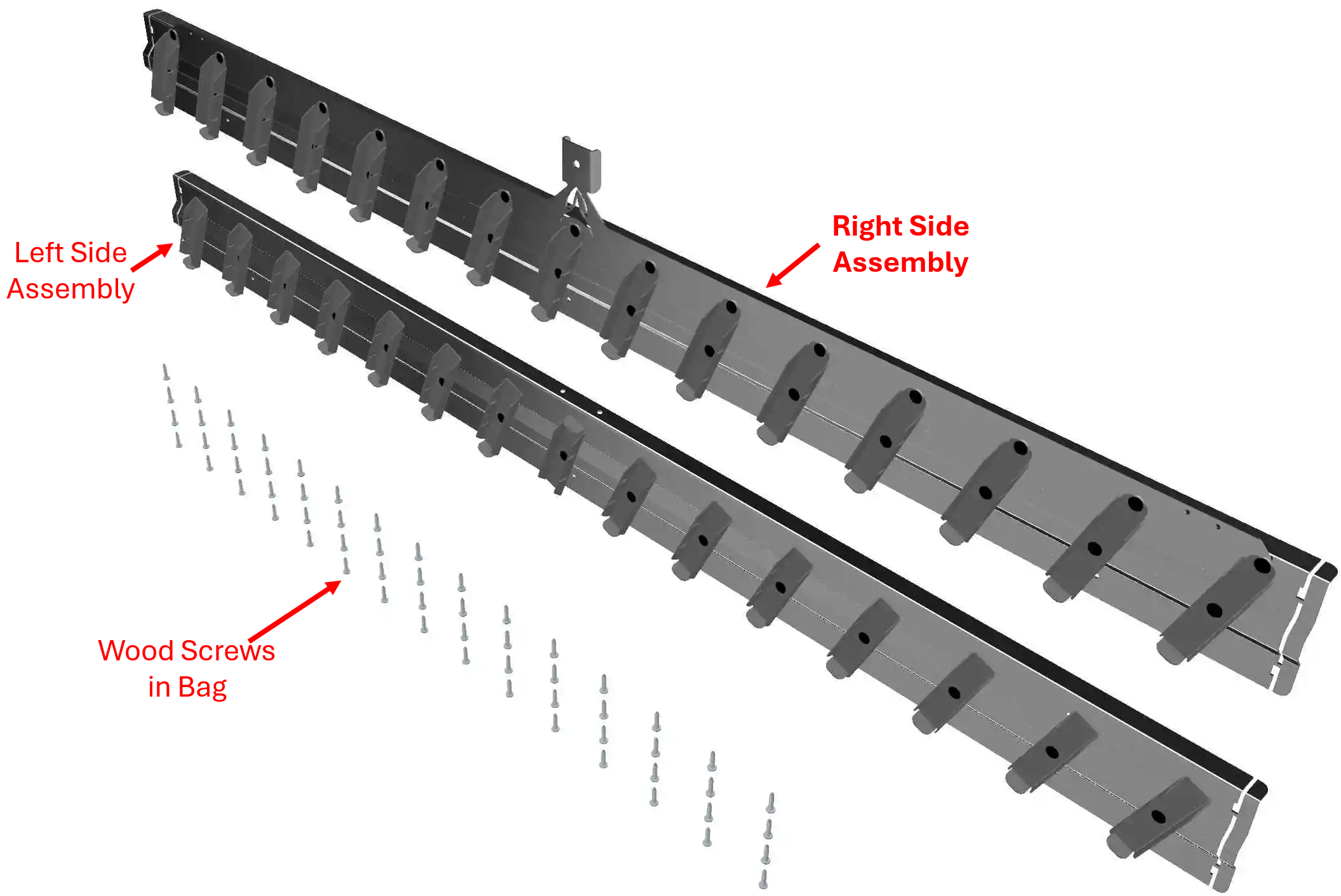 The image displays two parts of a louver brackets assembly, labeled for the left and right side, along with a bag of wood screws for easy assembly. Clear assembly guidance is provided.