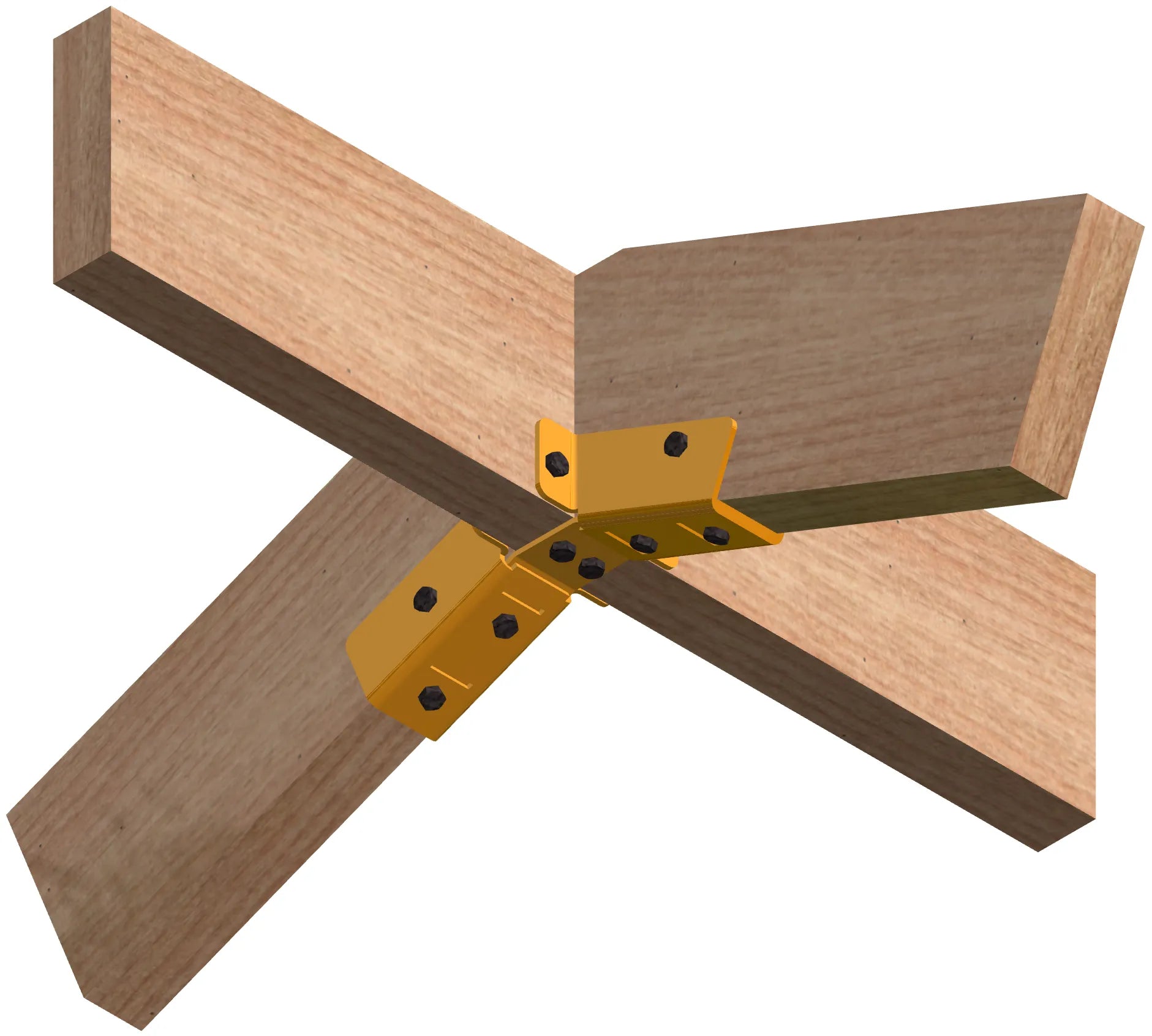 This detailed depiction illustrates a three-way wooden joint held together by a sturdy metal connector, highlighting essential woodworking assembly methods and techniques.