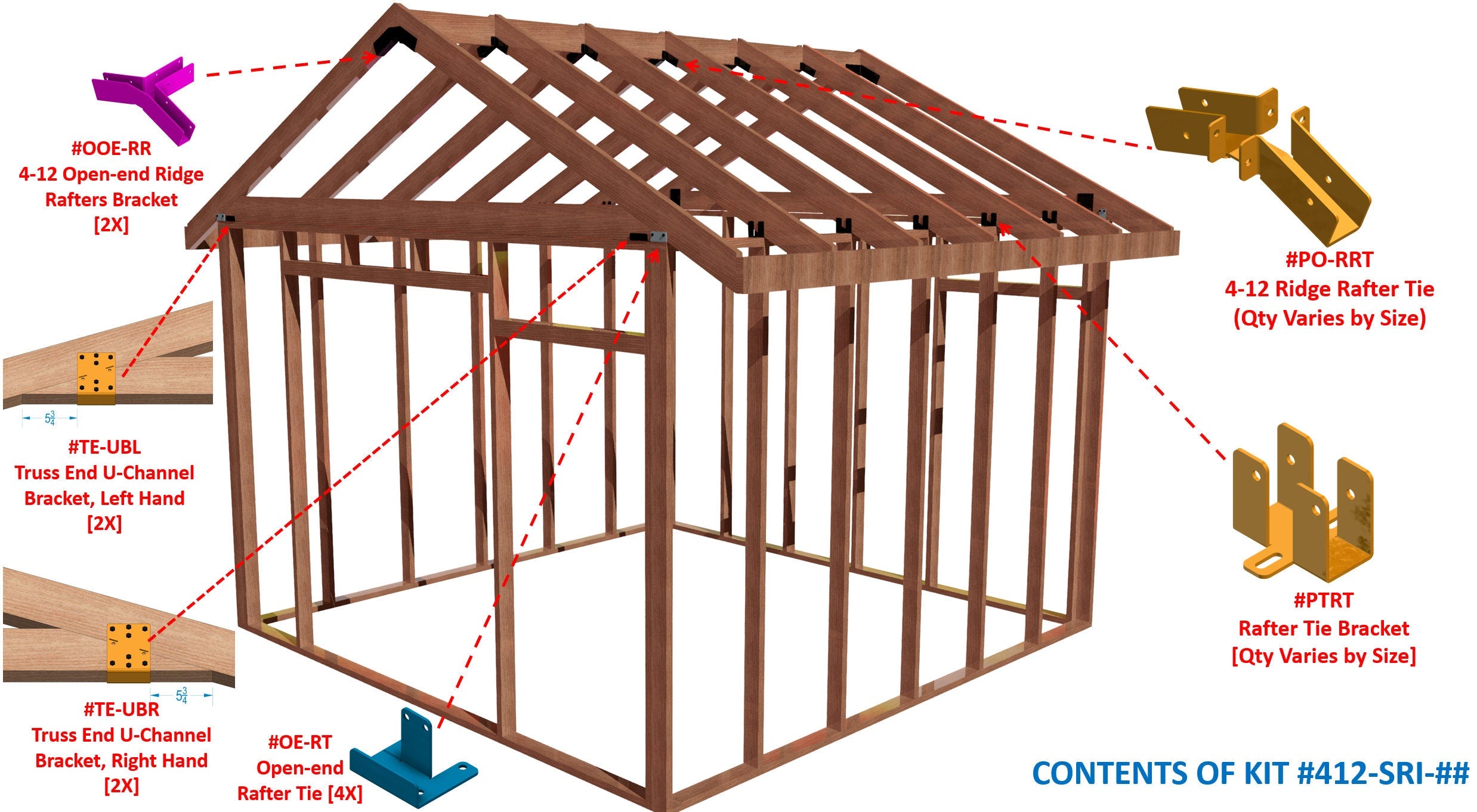 This guide illustrates the key components for constructing a 4-12 pitch shed, highlighting essential supports, brackets, and their configurations clearly labeled for easy understanding.