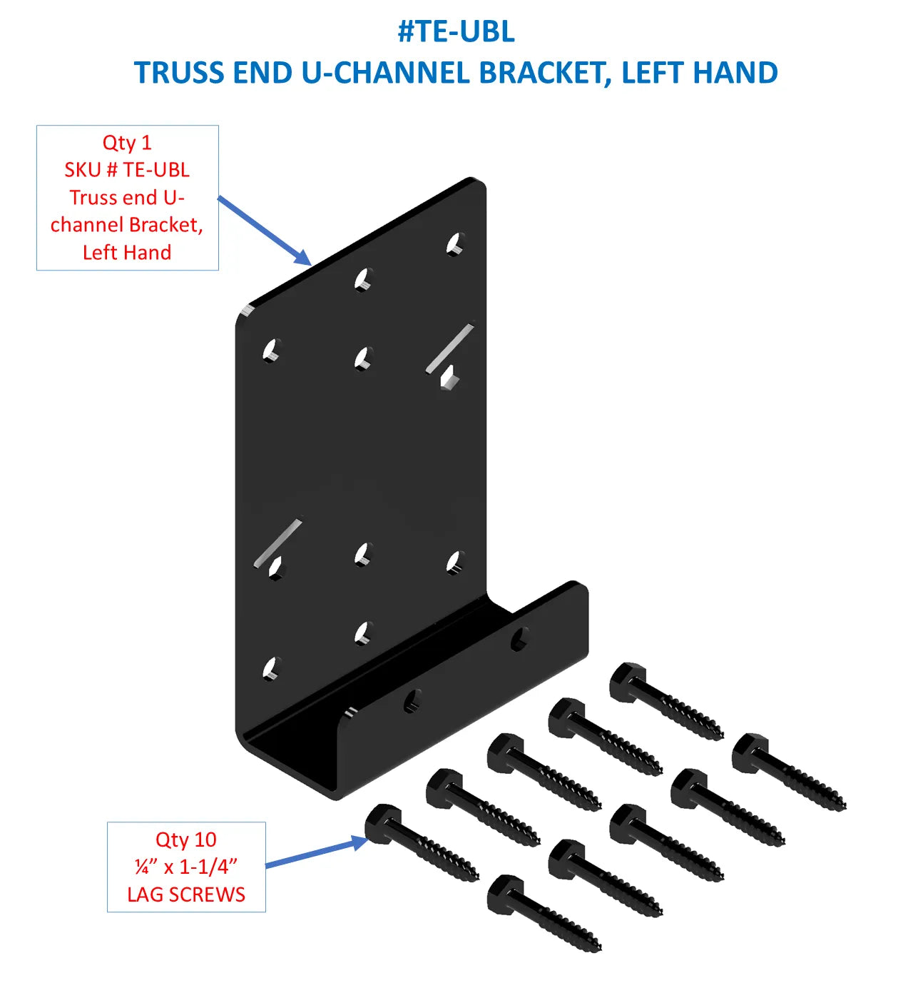 A left-hand truss end U-channel bracket is shown along with ten lag screws, highlighting its design and hardware for construction applications.