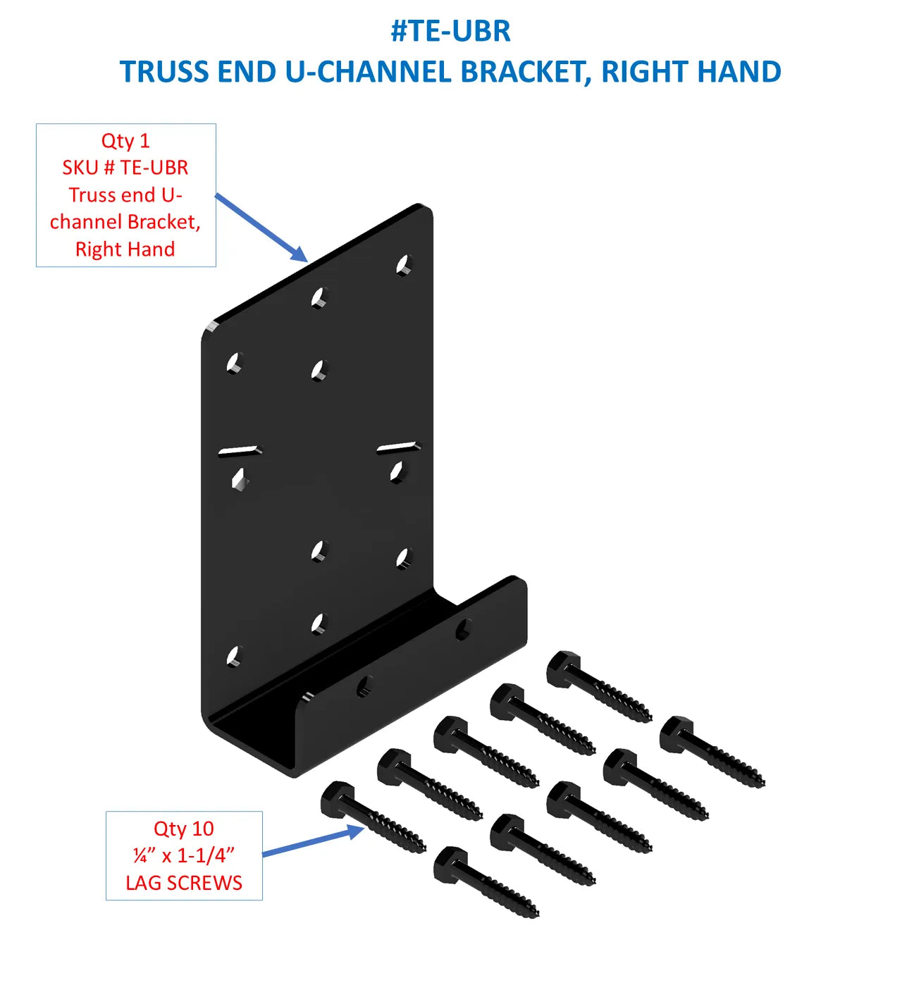 This illustration displays a right-hand truss end U-channel bracket, highlighting its dimensions and attachment points alongside ten lag screws for secure installation.