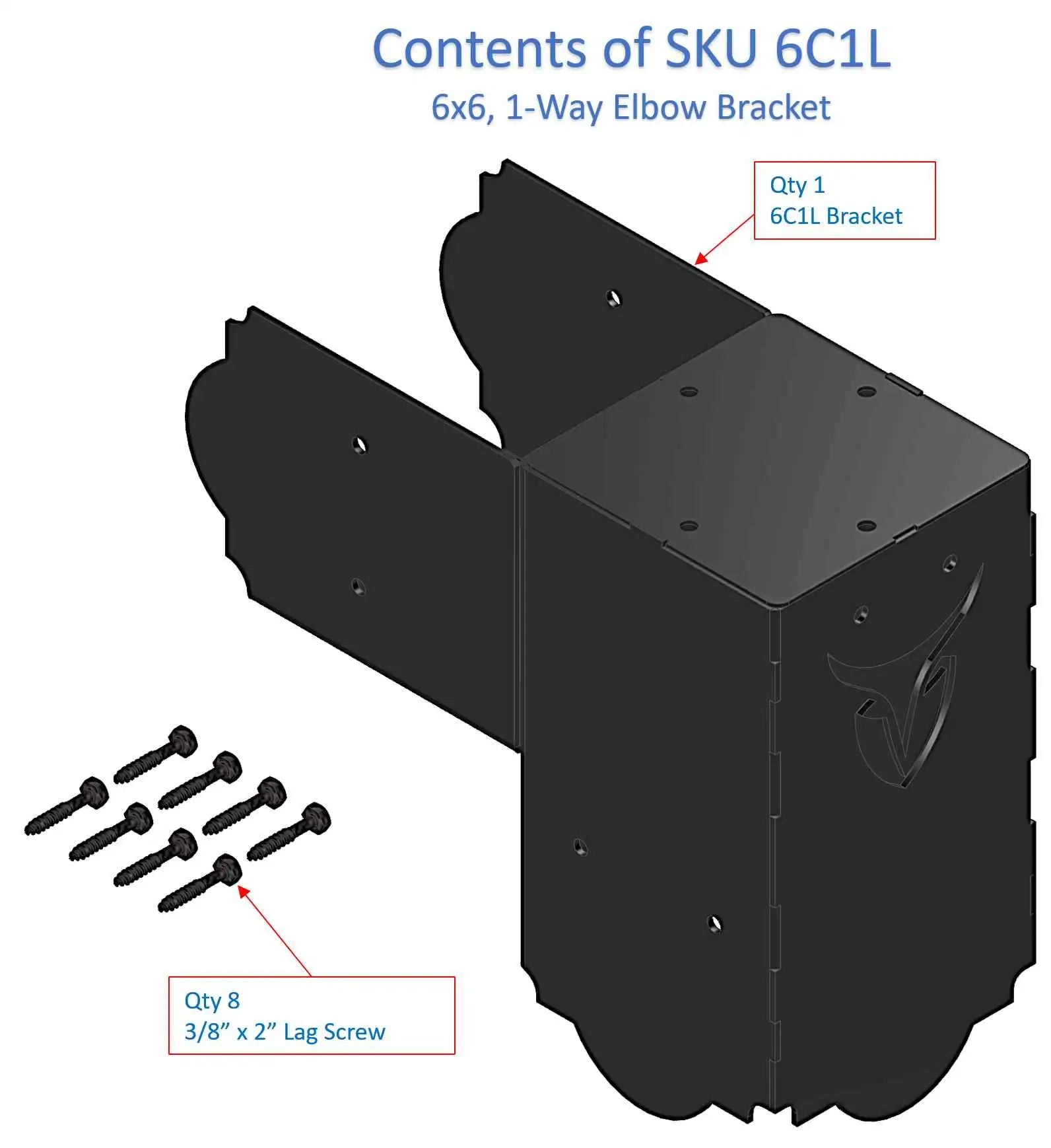 Contents of SKU #6C1L showing a 90 degree metal elbow bracket and lag screws