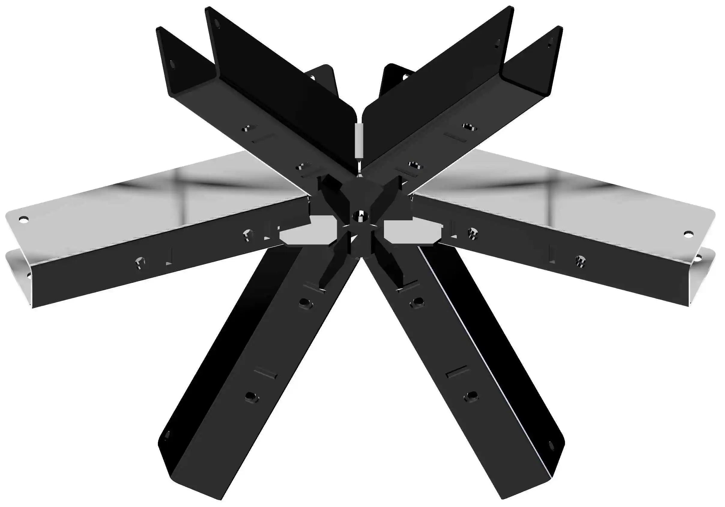 The black metal structure features six elongated sections radiating outward from a central hub, suitable for assembly or construction tasks. Ideal for various projects requiring sturdy support.