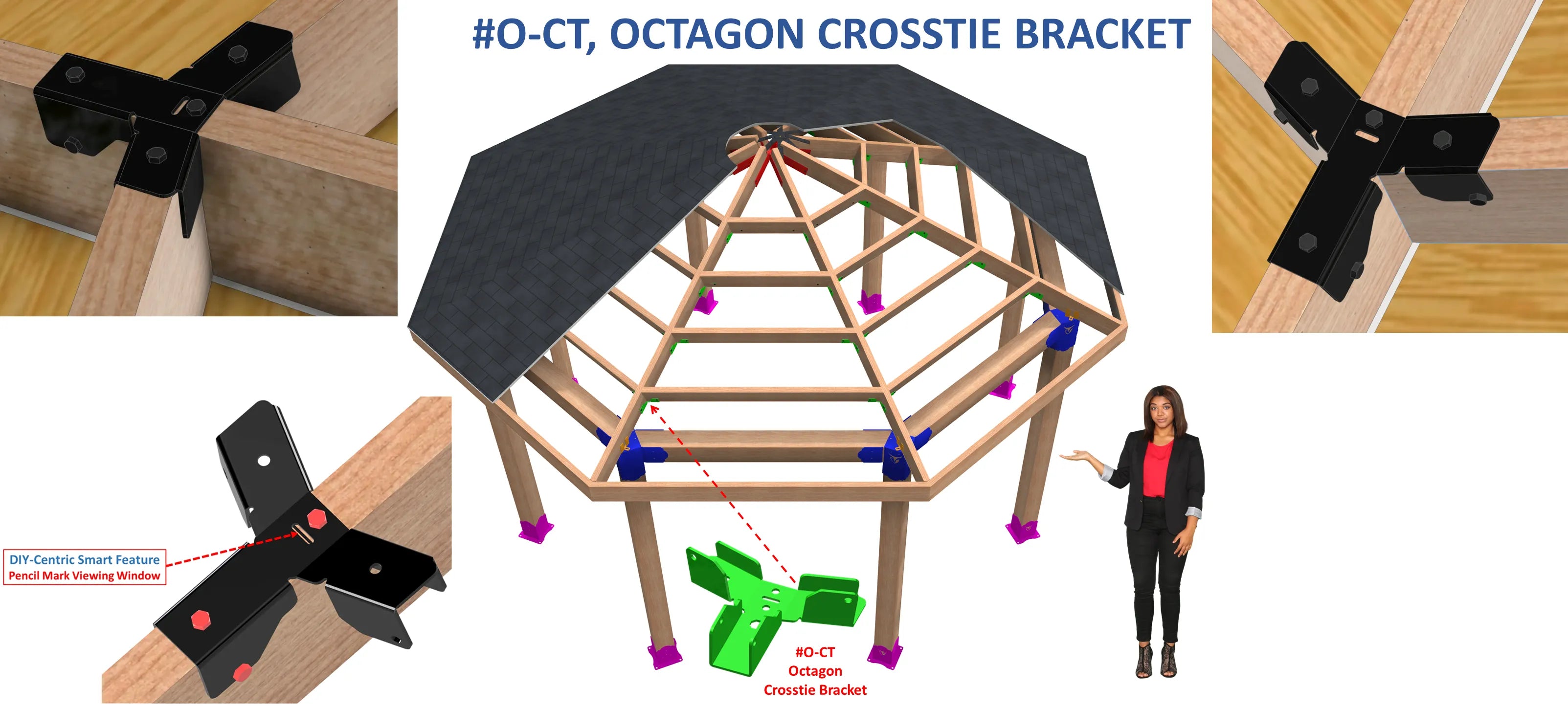 A woman demonstrates how to assemble an octagonal structure using a crosstie bracket, showcasing the bracket's features and assembly technique for clarity.