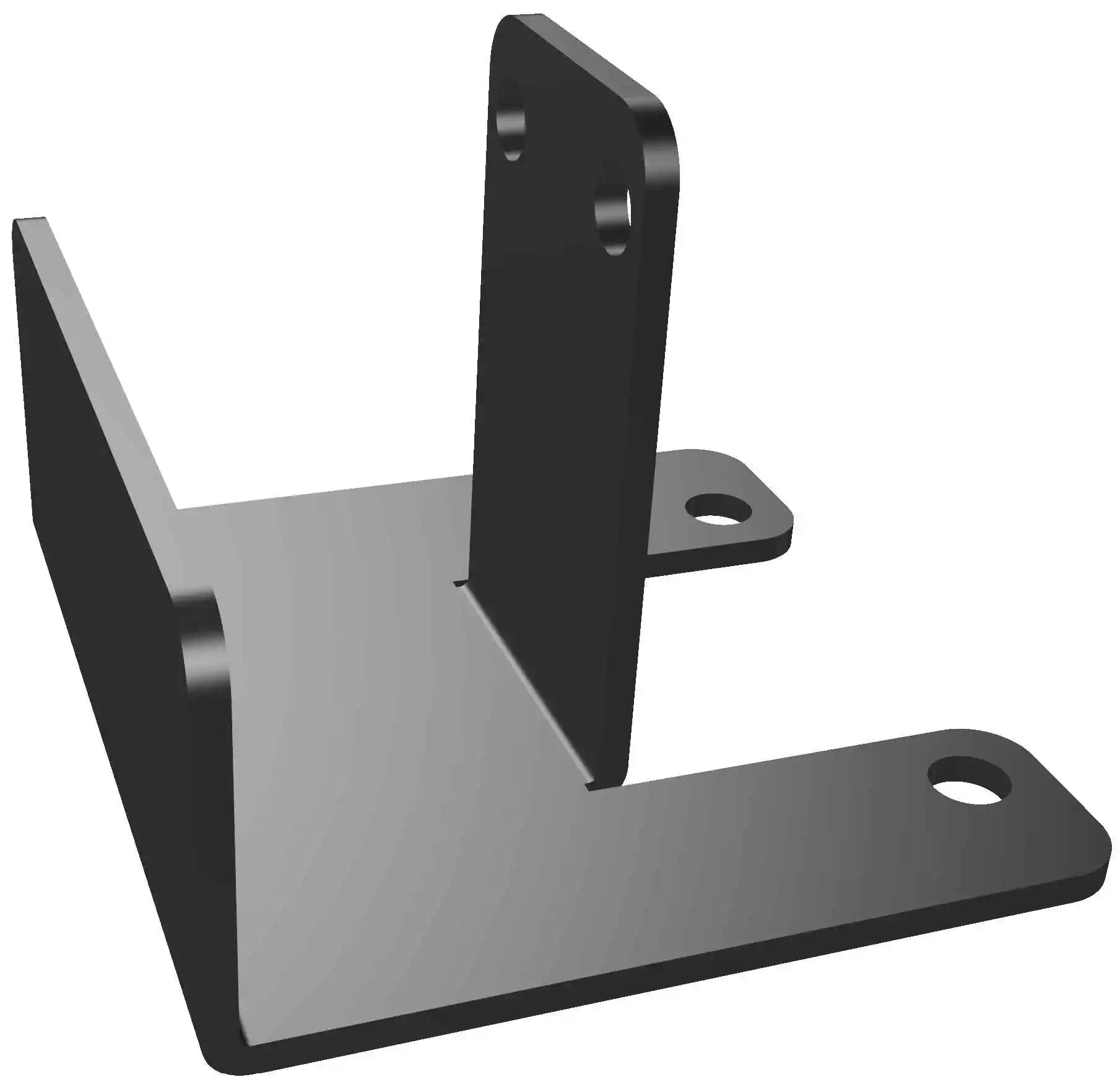 A black metal corner bracket is displayed, designed to provide support and stability in various construction applications. Ideal for DIY projects and repairs.