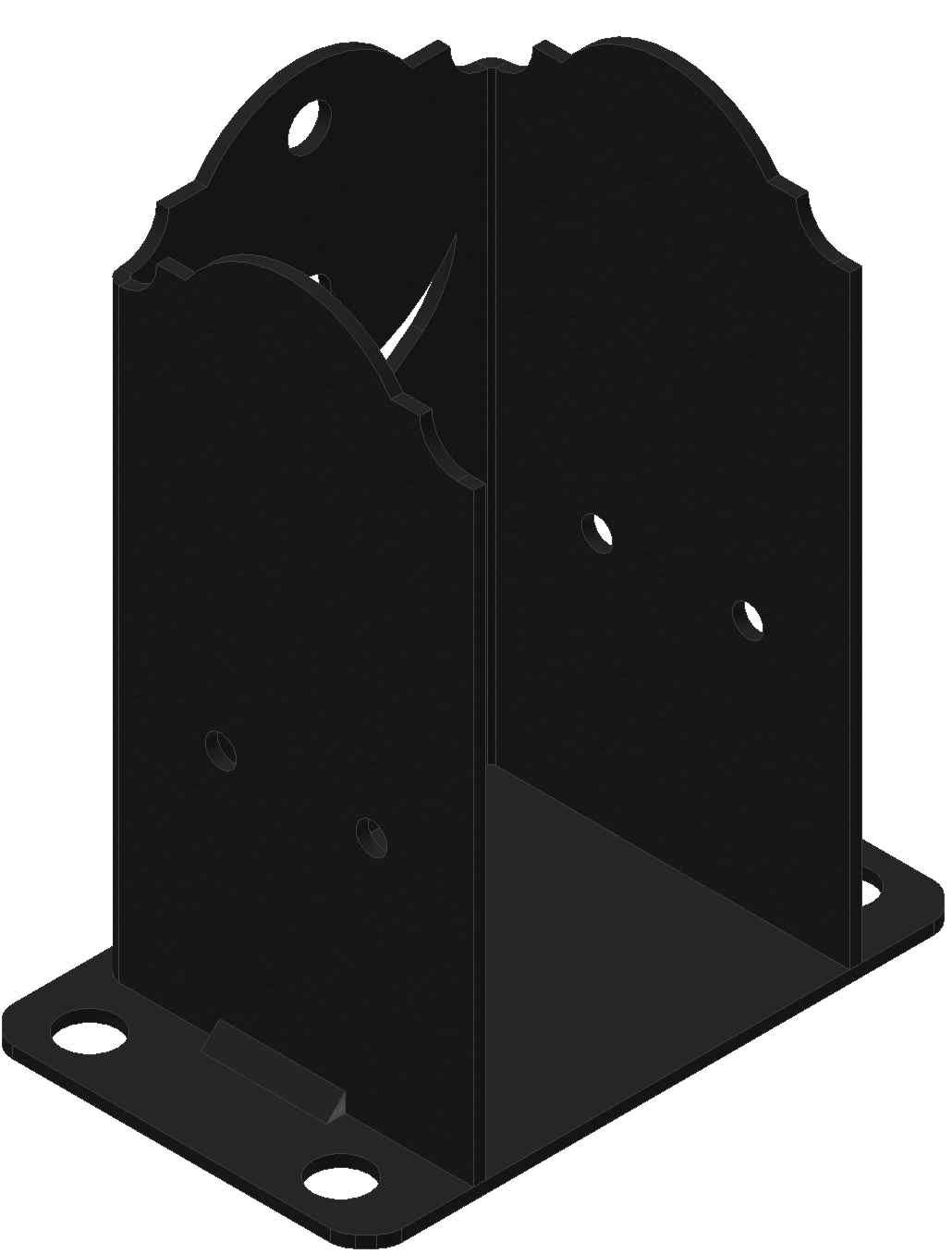 A black metal post bracket with holes.