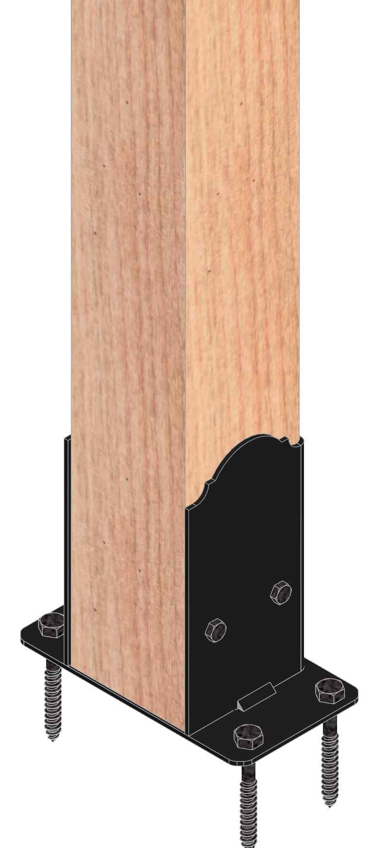  A close-up of a wooden post equipped with screws and a metal plate, highlighting its robust design and functionality.