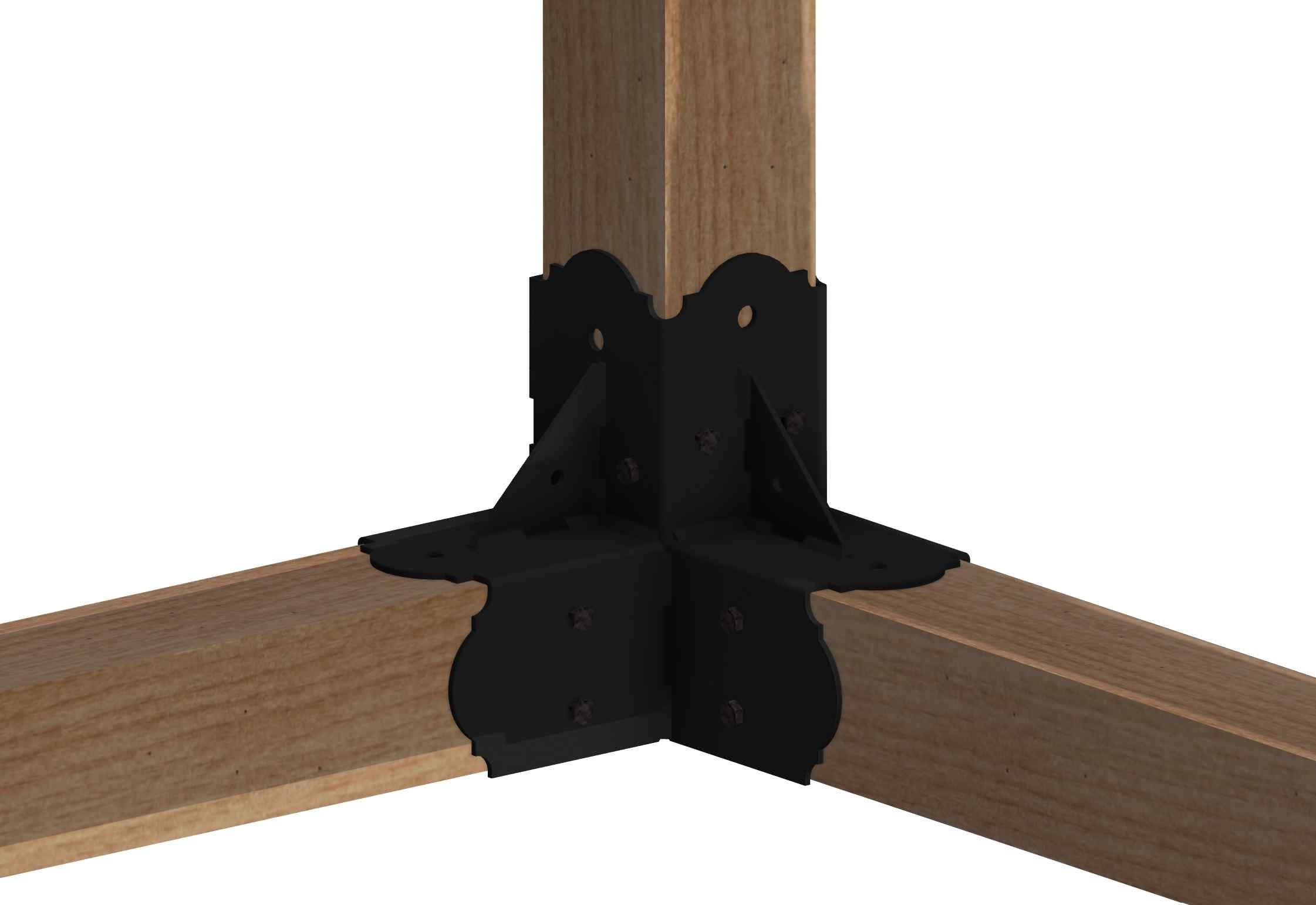 A close-up view highlights a wooden framework corner joint using an elbow bracket, illustrating essential details for a construction project related to home improvement.