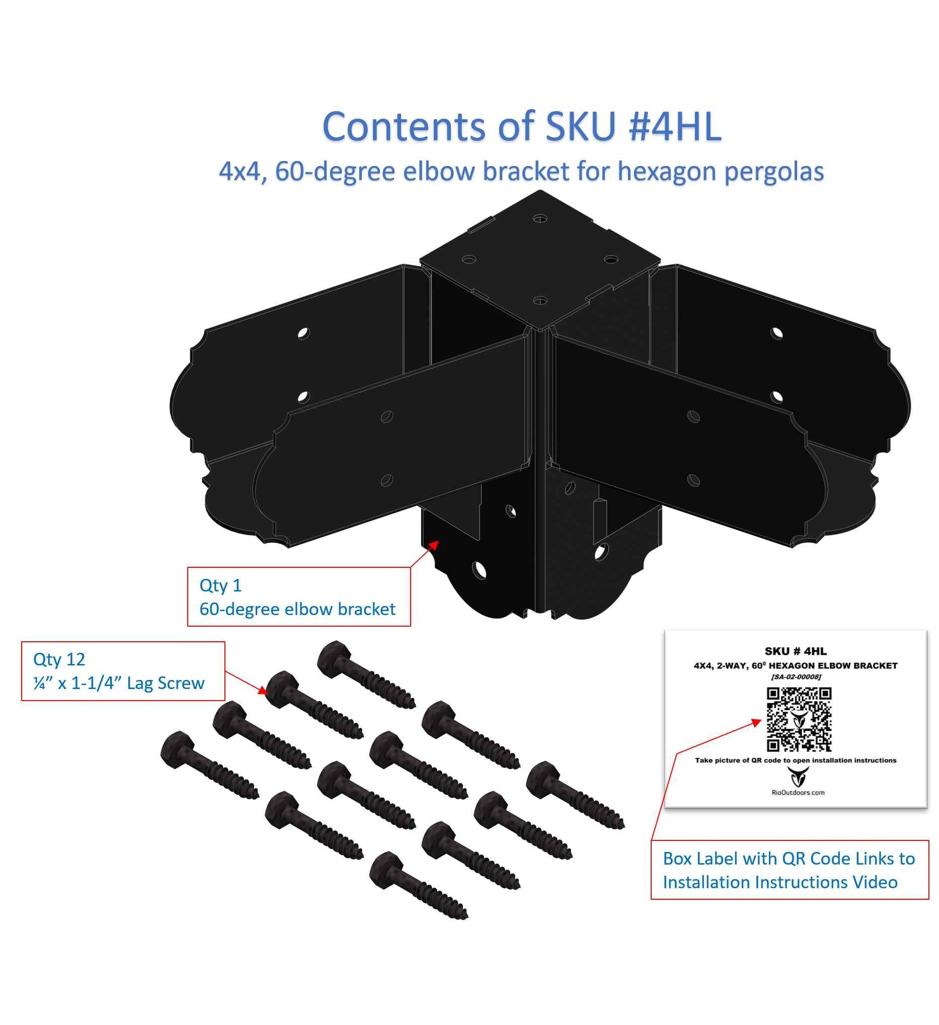 Contents of SKU #4HL hexagon elbow showing a 60 degree metal corner bracket and lag screws