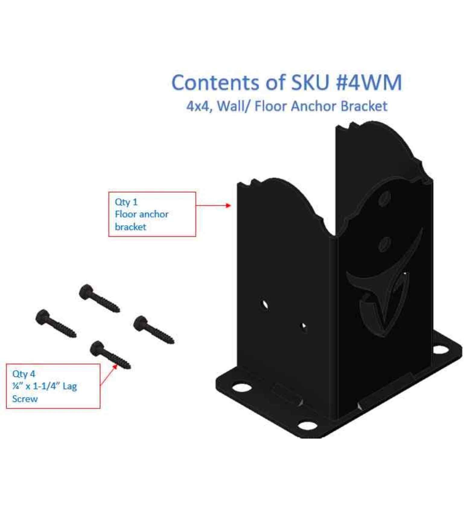 Contents of sku #4wm wall anchor bracket, intended for anchoring posts to walls or floors securely.