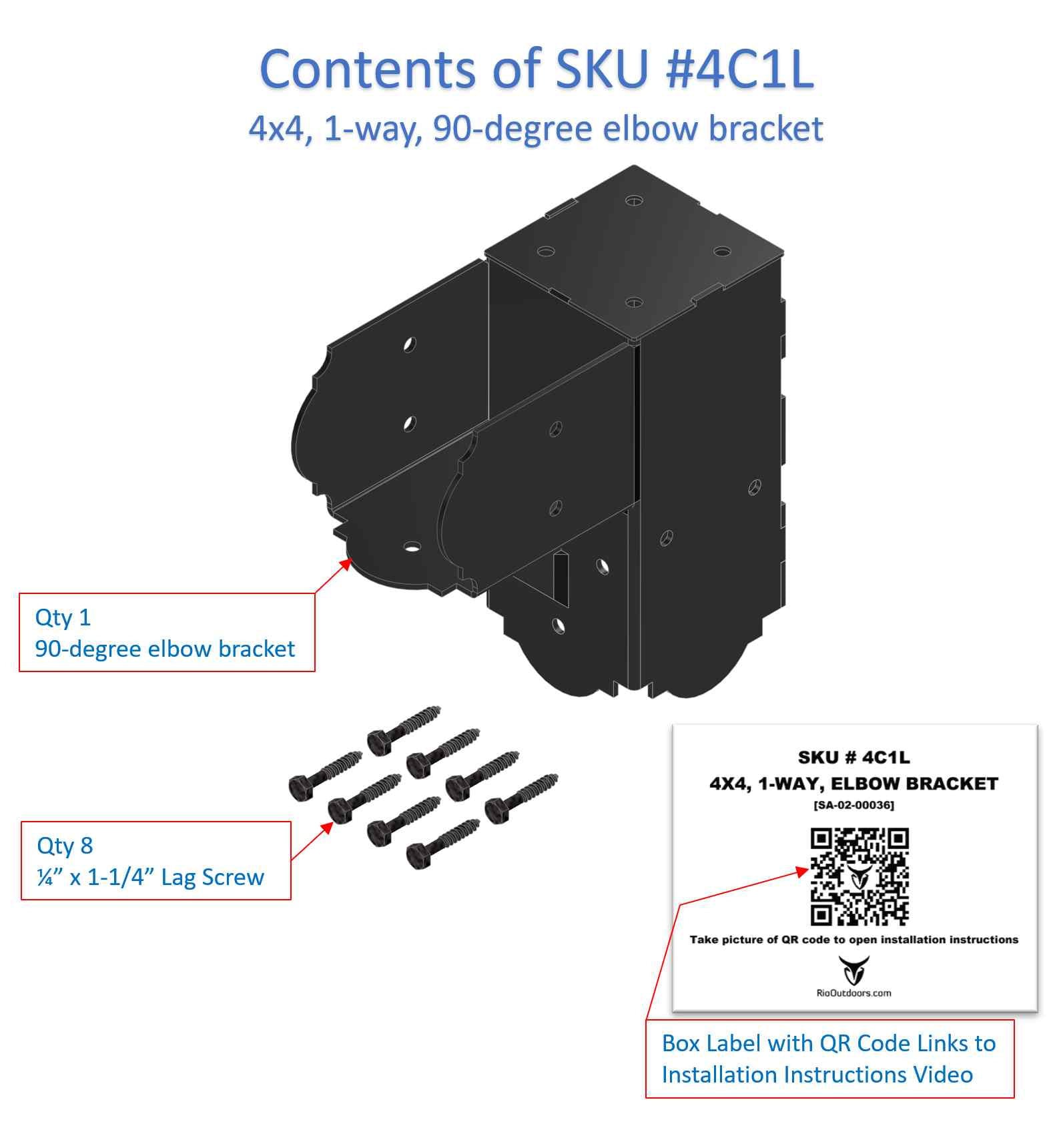 Contents of SKU #4C1L showing a 90 degree metal corner bracket and lag screws